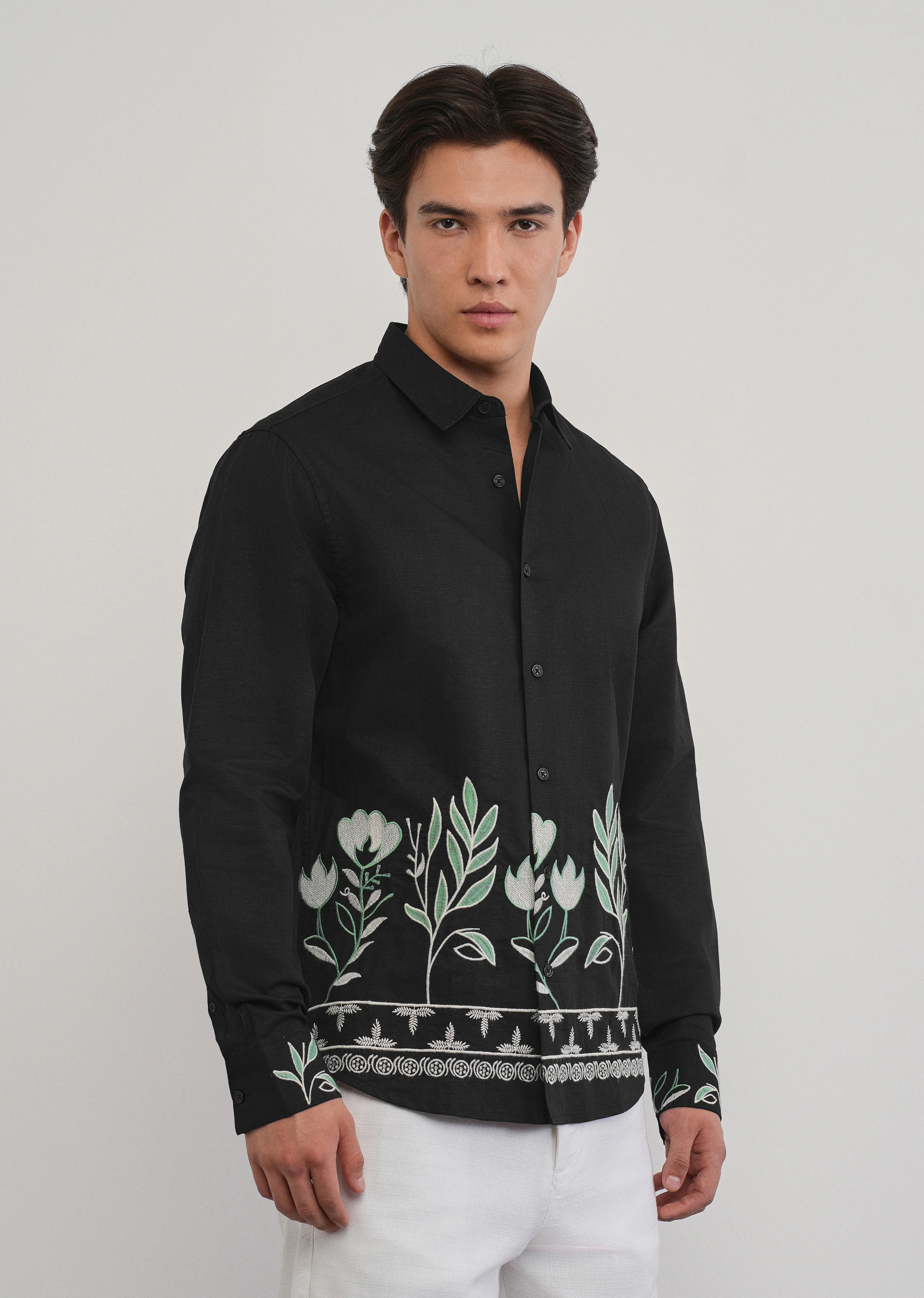 Black Floral Hem Embroidered Shirt - Image 4