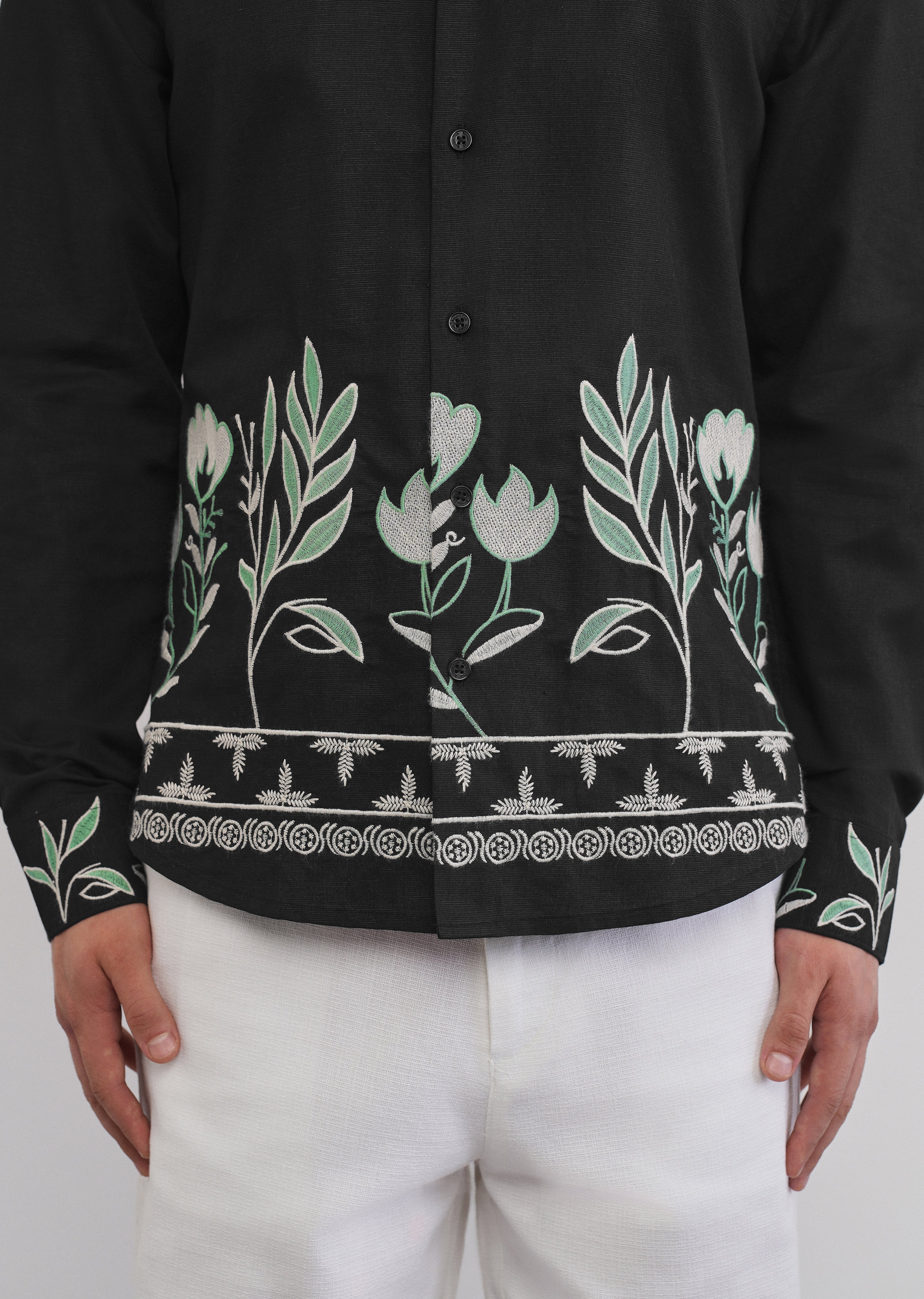 Black Floral Hem Embroidered Shirt - Image 5
