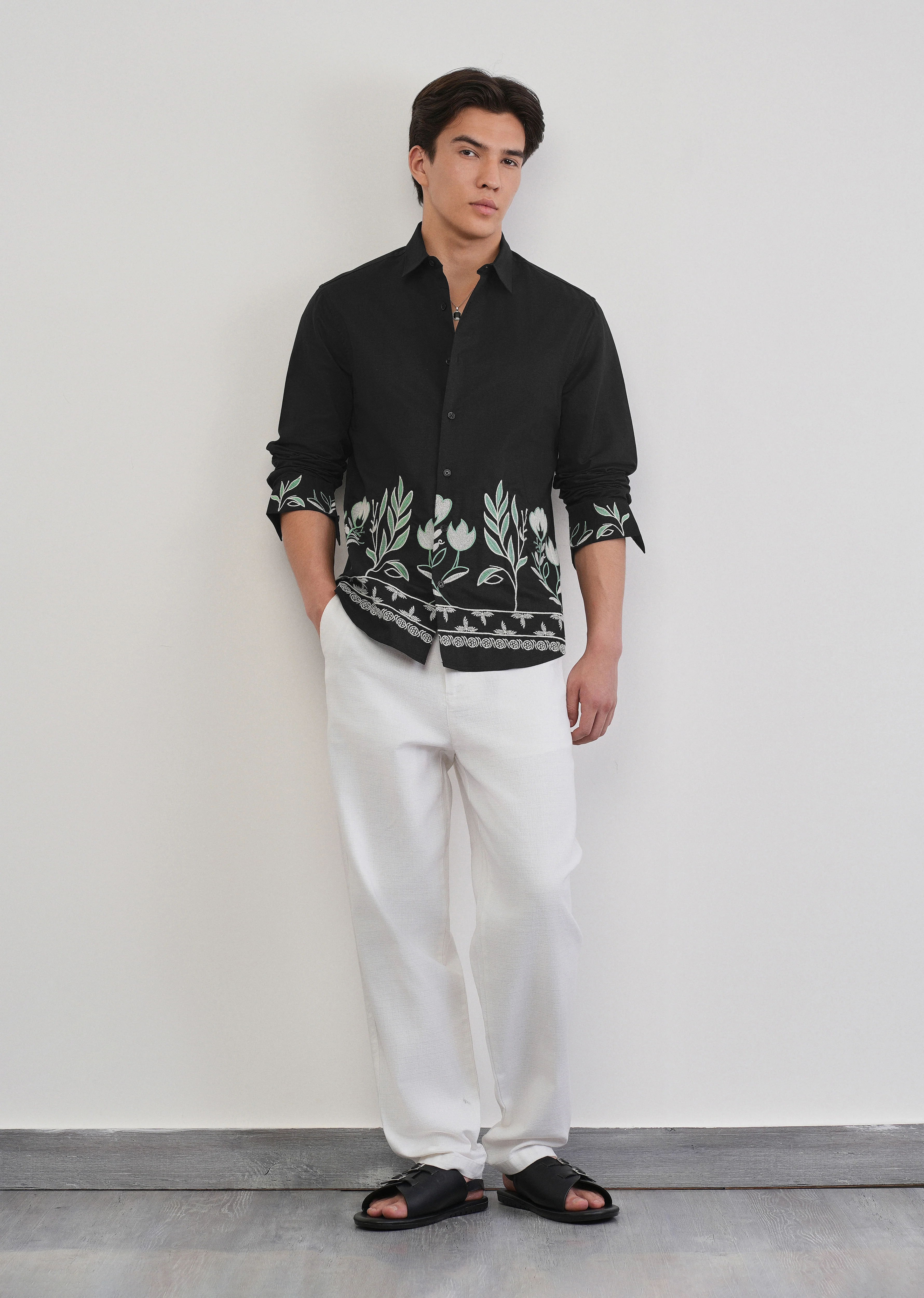Black Floral Hem Embroidered Shirt - Image 6