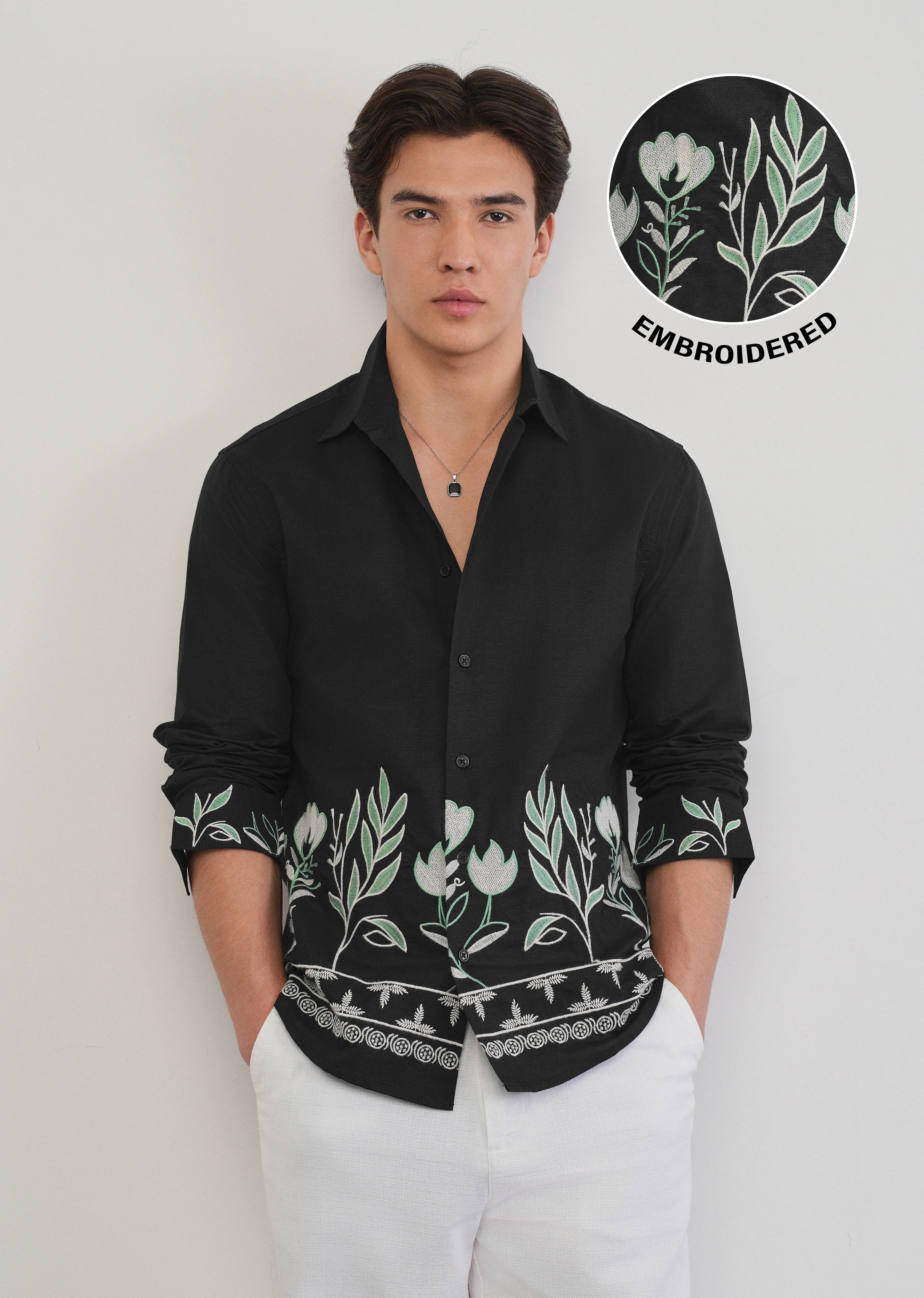 Black Floral Hem Embroidered Shirt - Image 7