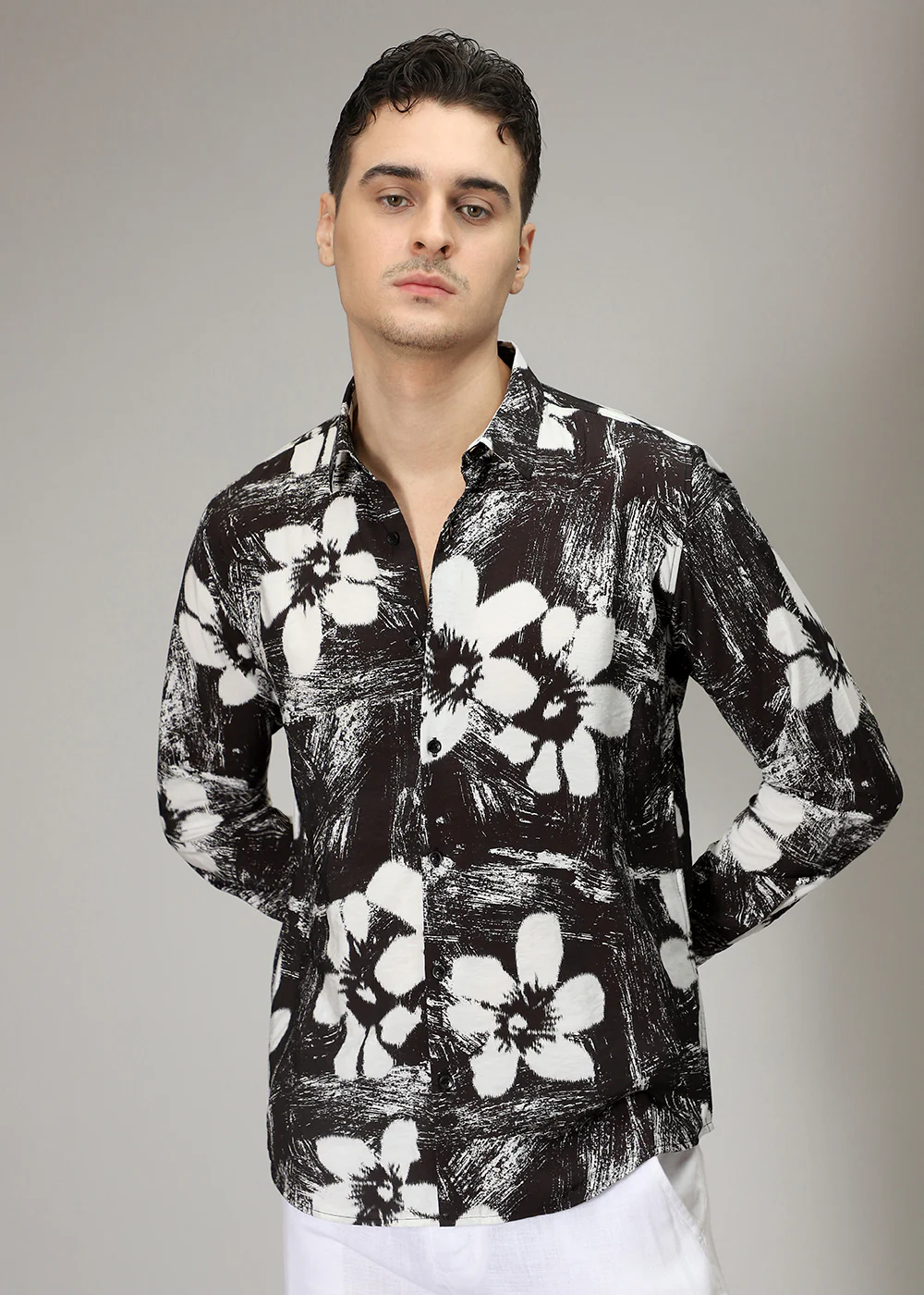 Black Floral Line Print Shirt - Image 3