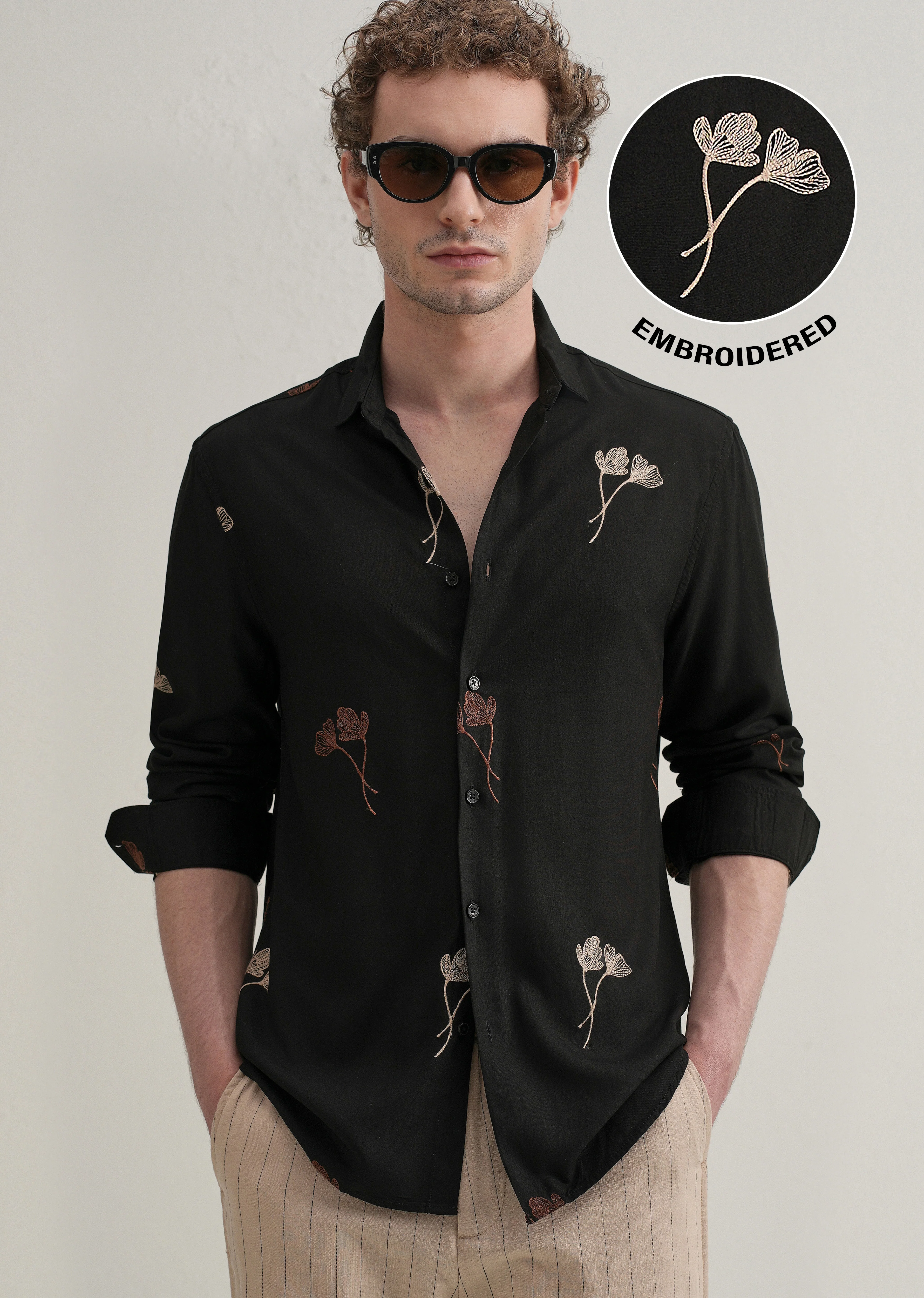 Black Floral Motif Embroidery Shirt - Image 7