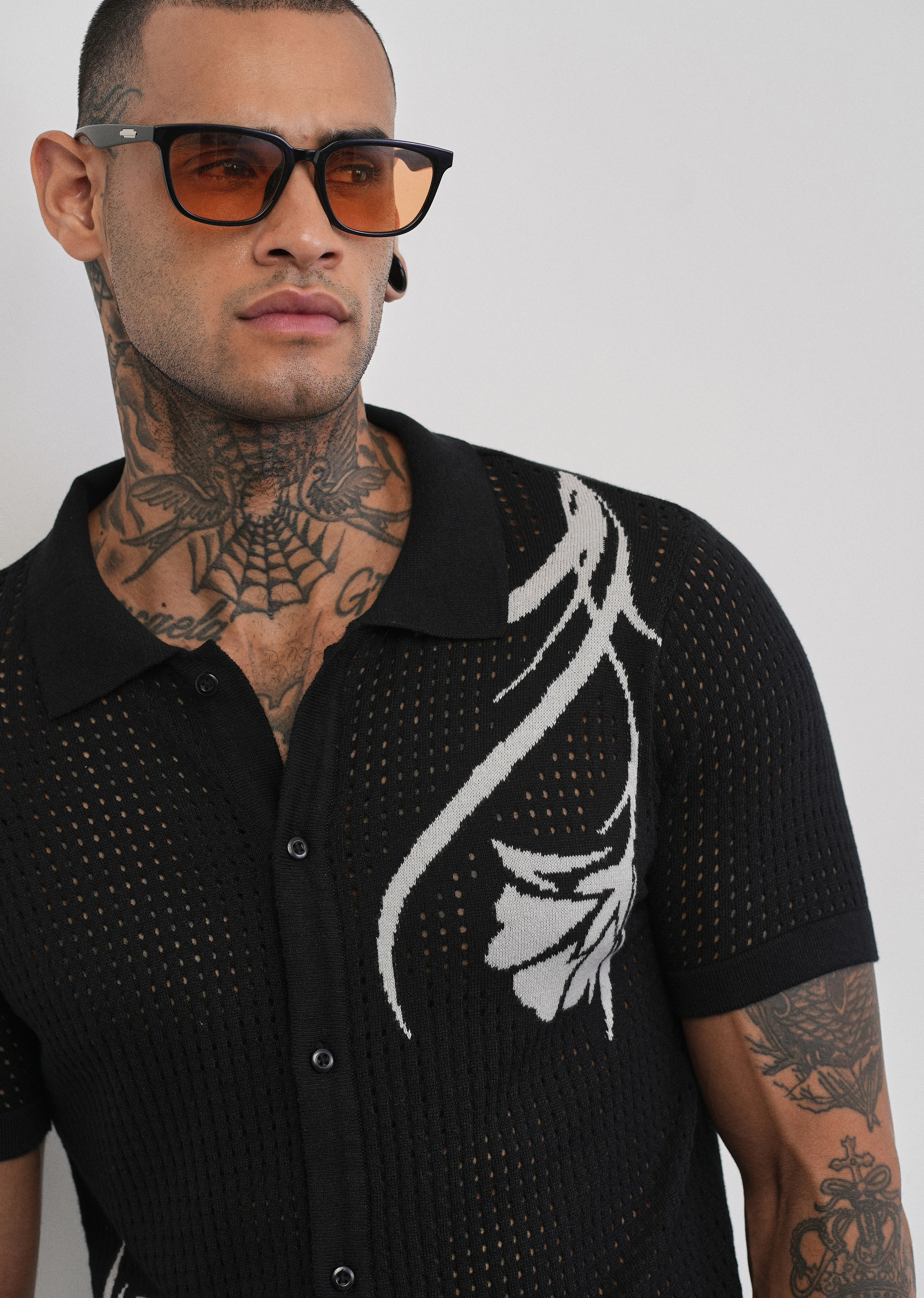 Black Floral Open Knit Shirt - Image 2