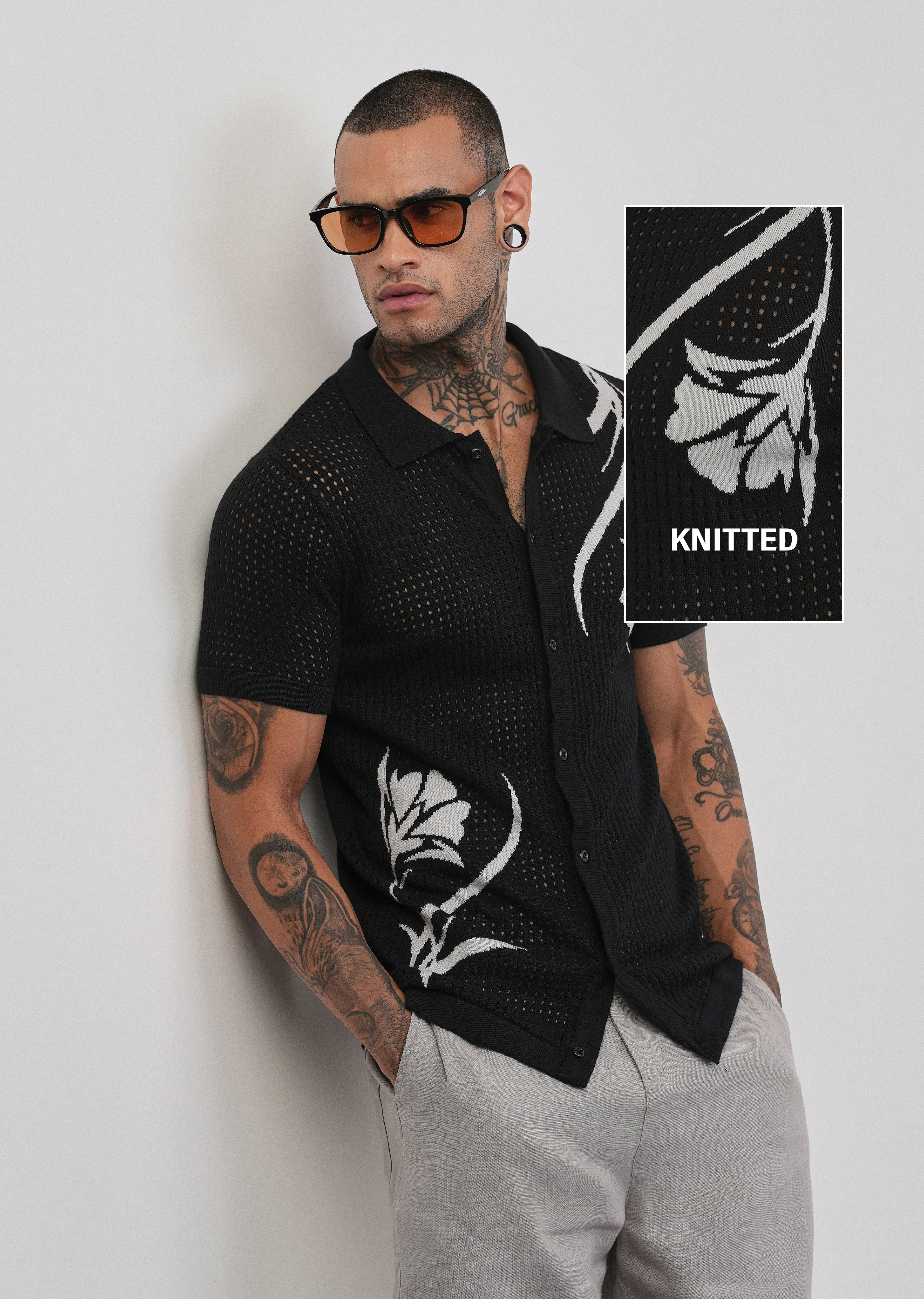 Black Floral Open Knit Shirt - Image 7