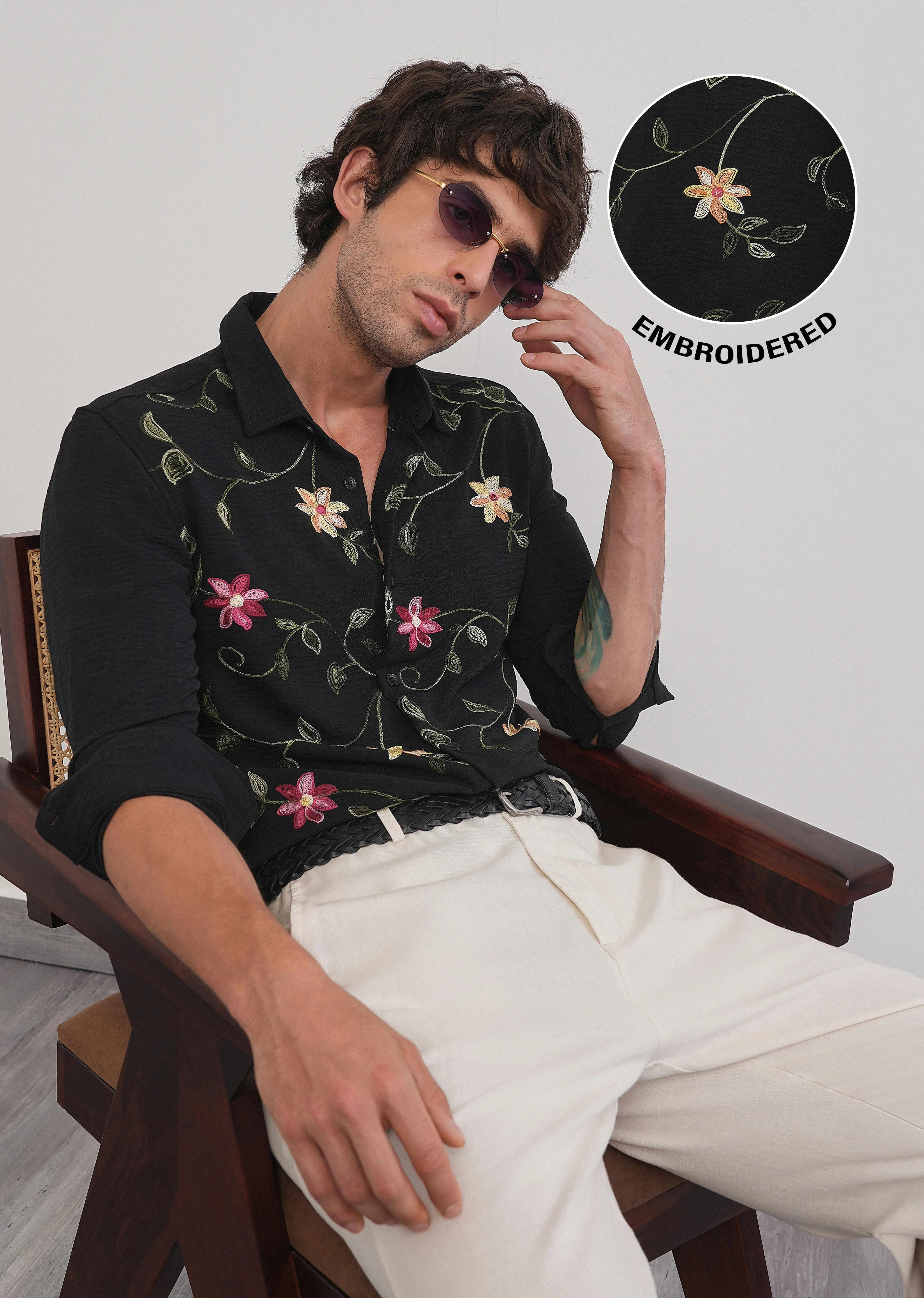 Black Floral Thread Work Shirt - Image 2