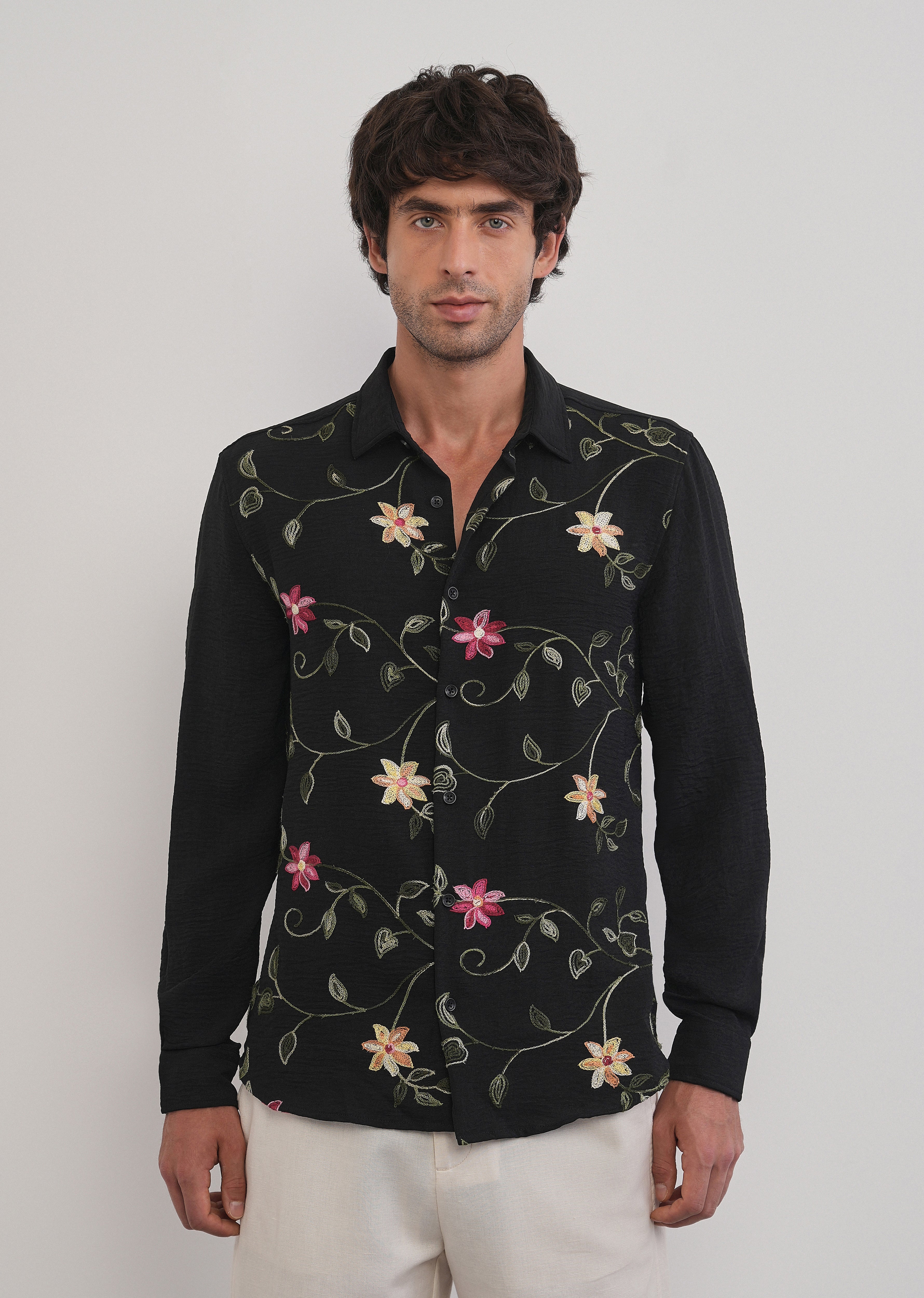 Black Floral Thread Work Shirt - Image 5