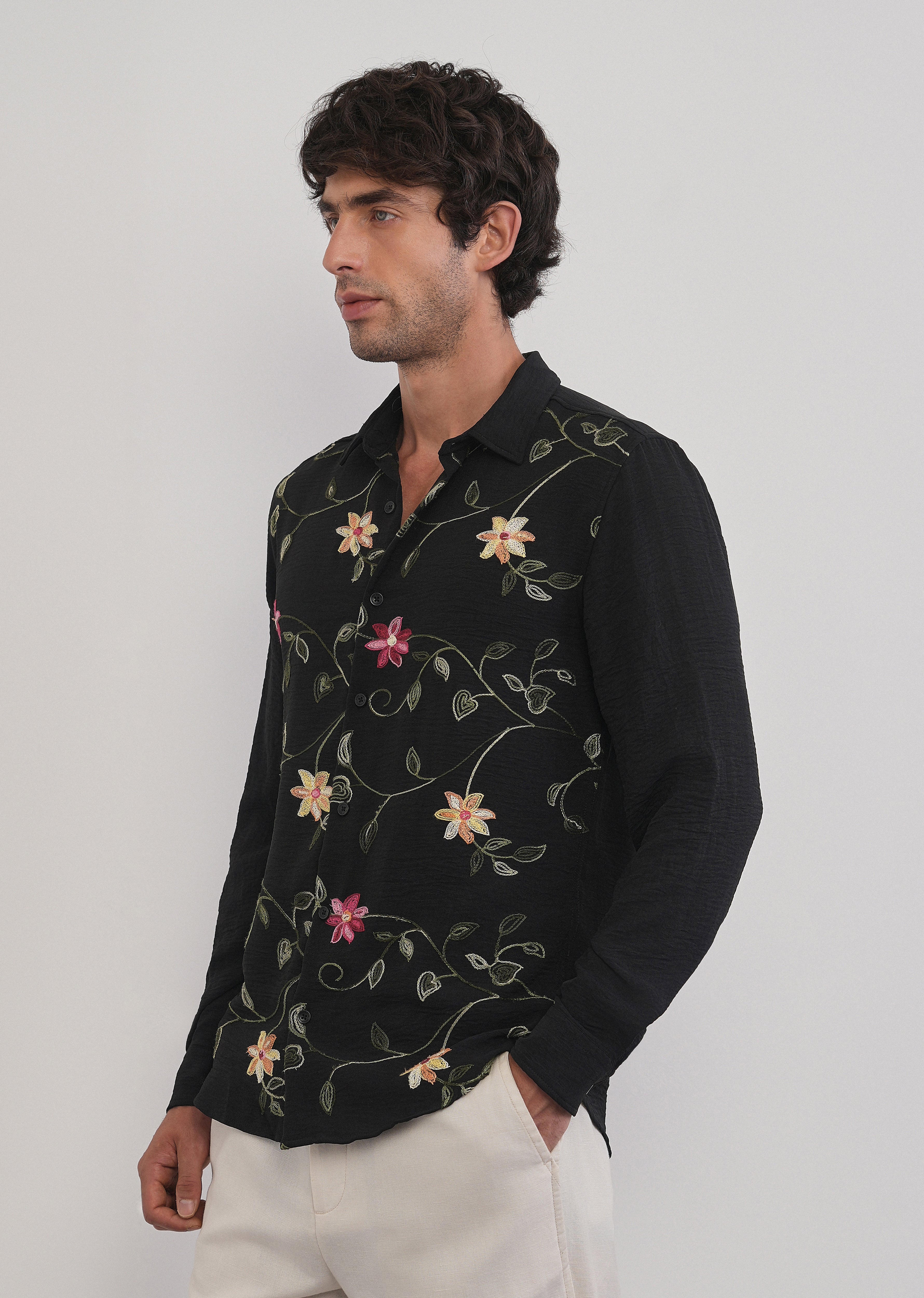 Black Floral Thread Work Shirt - Image 6