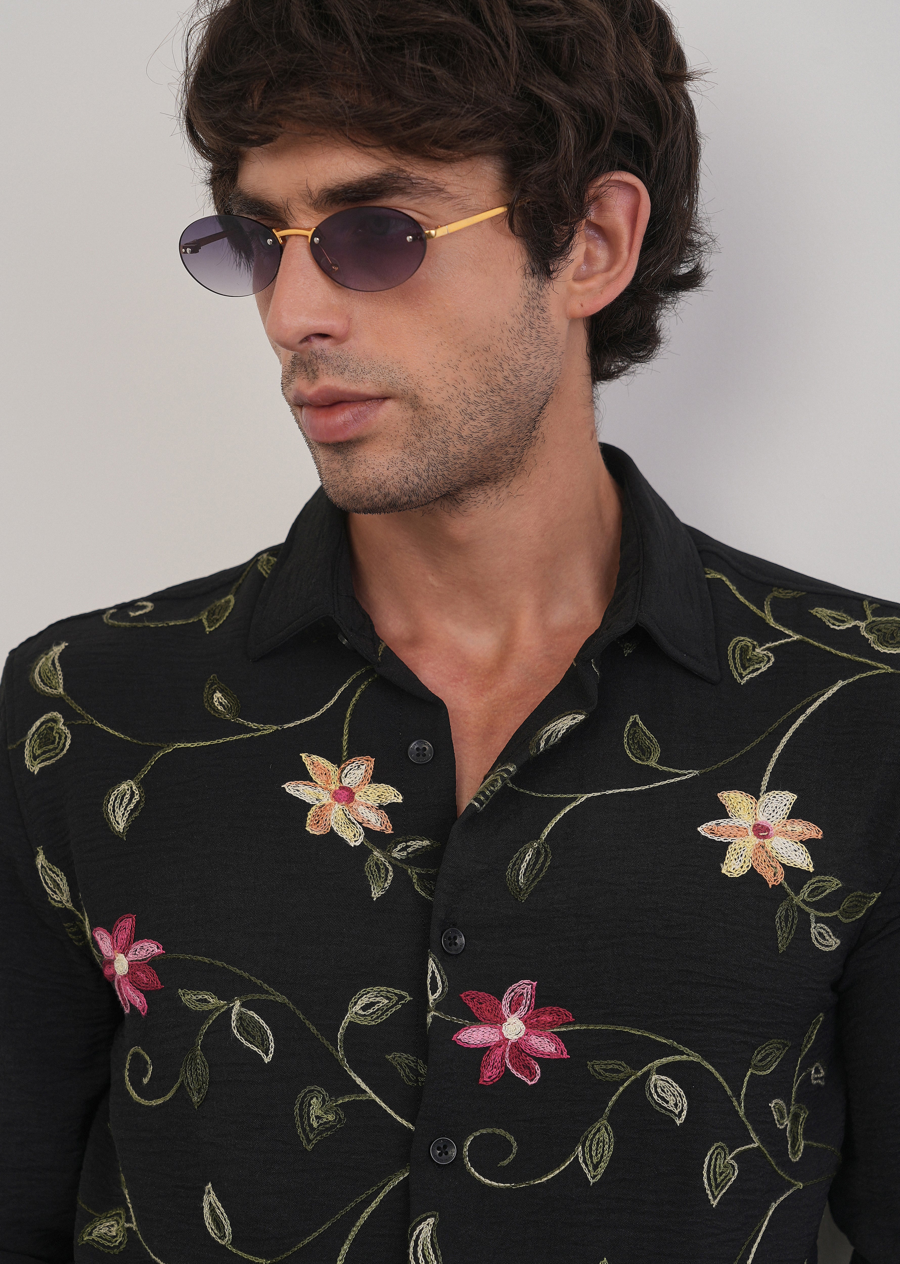 Black Floral Thread Work Shirt - Image 7