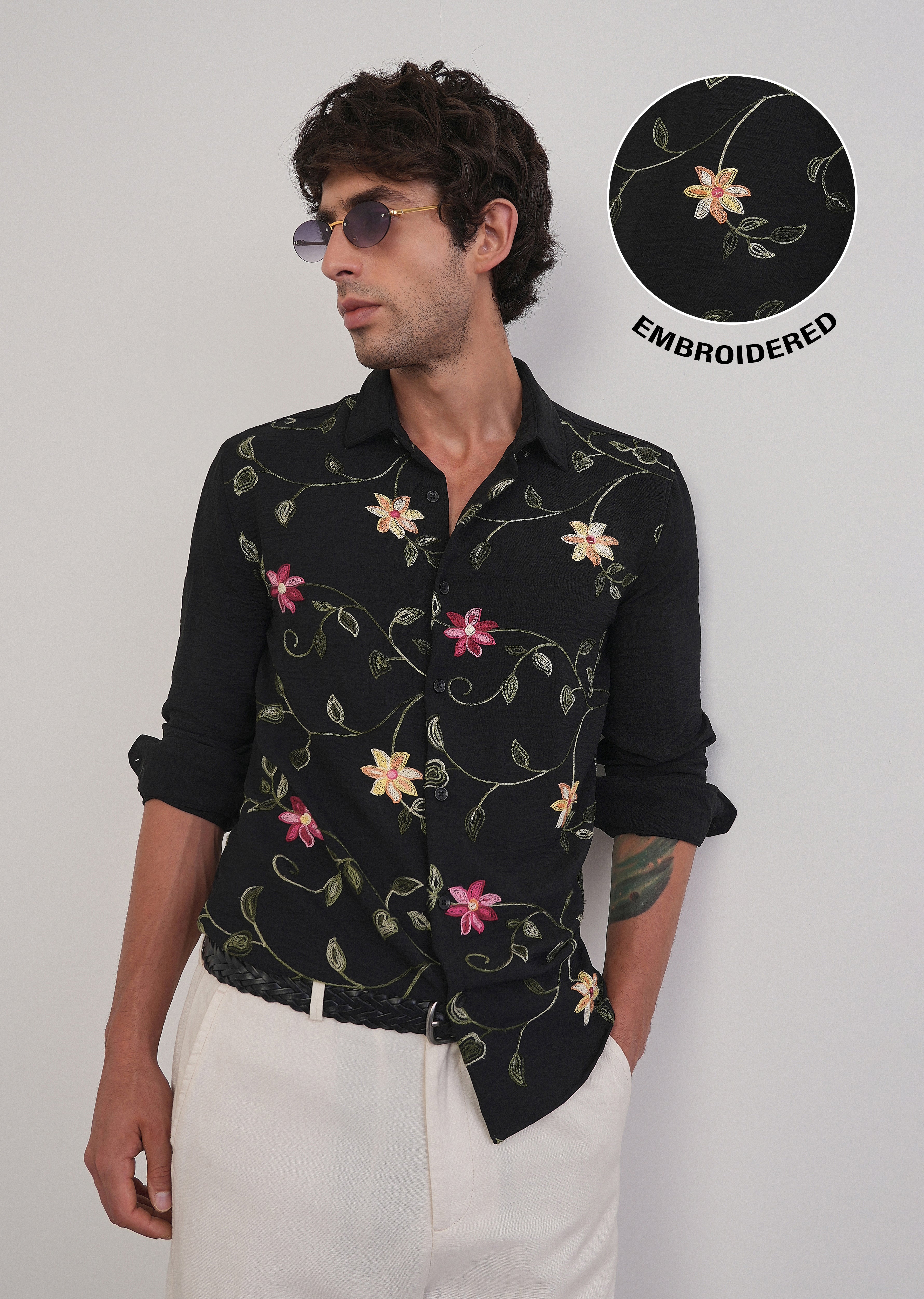 Black Floral Thread Work Shirt - Image 9