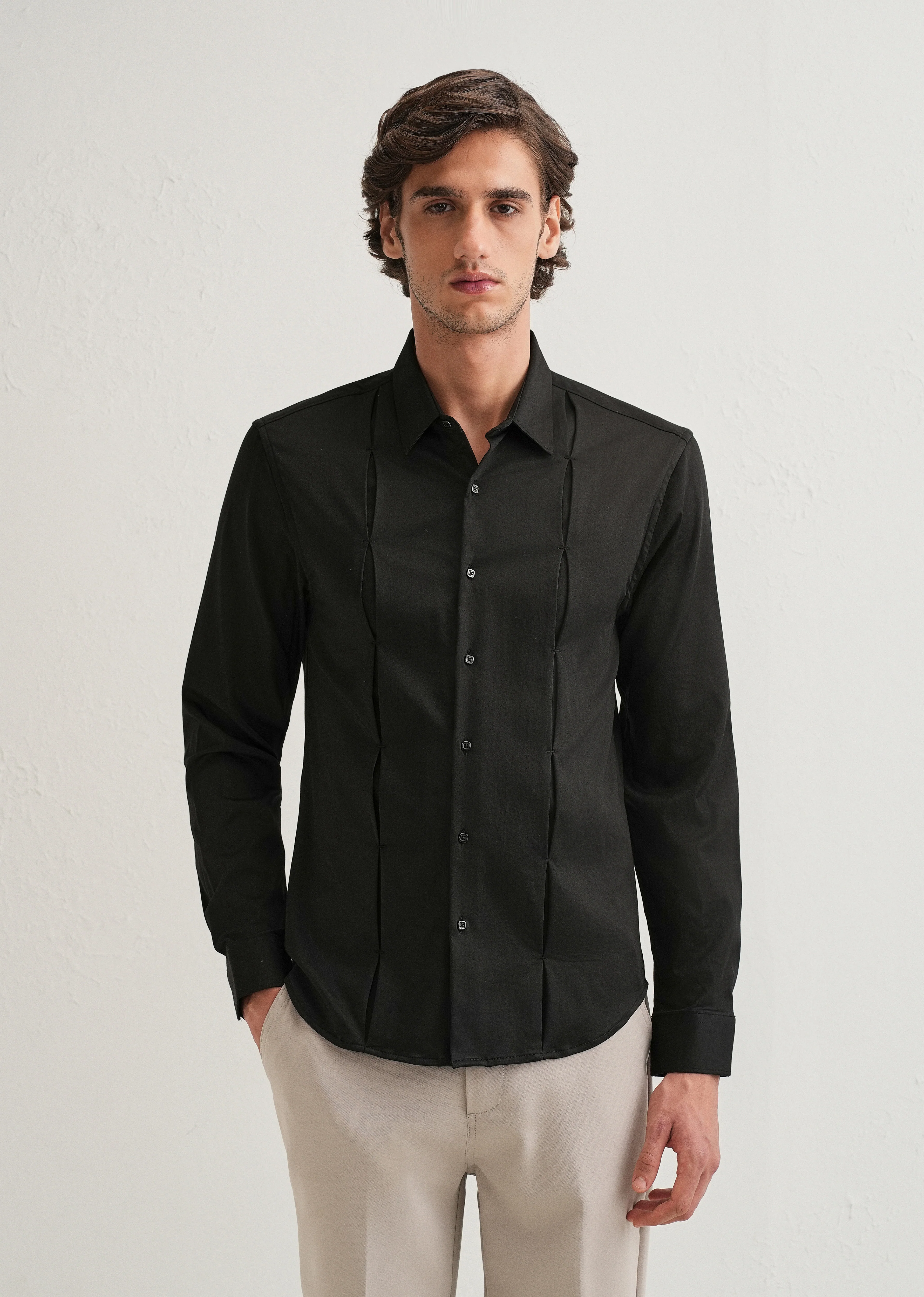 Black Front Panel Open Pleat Shirt - Image 3