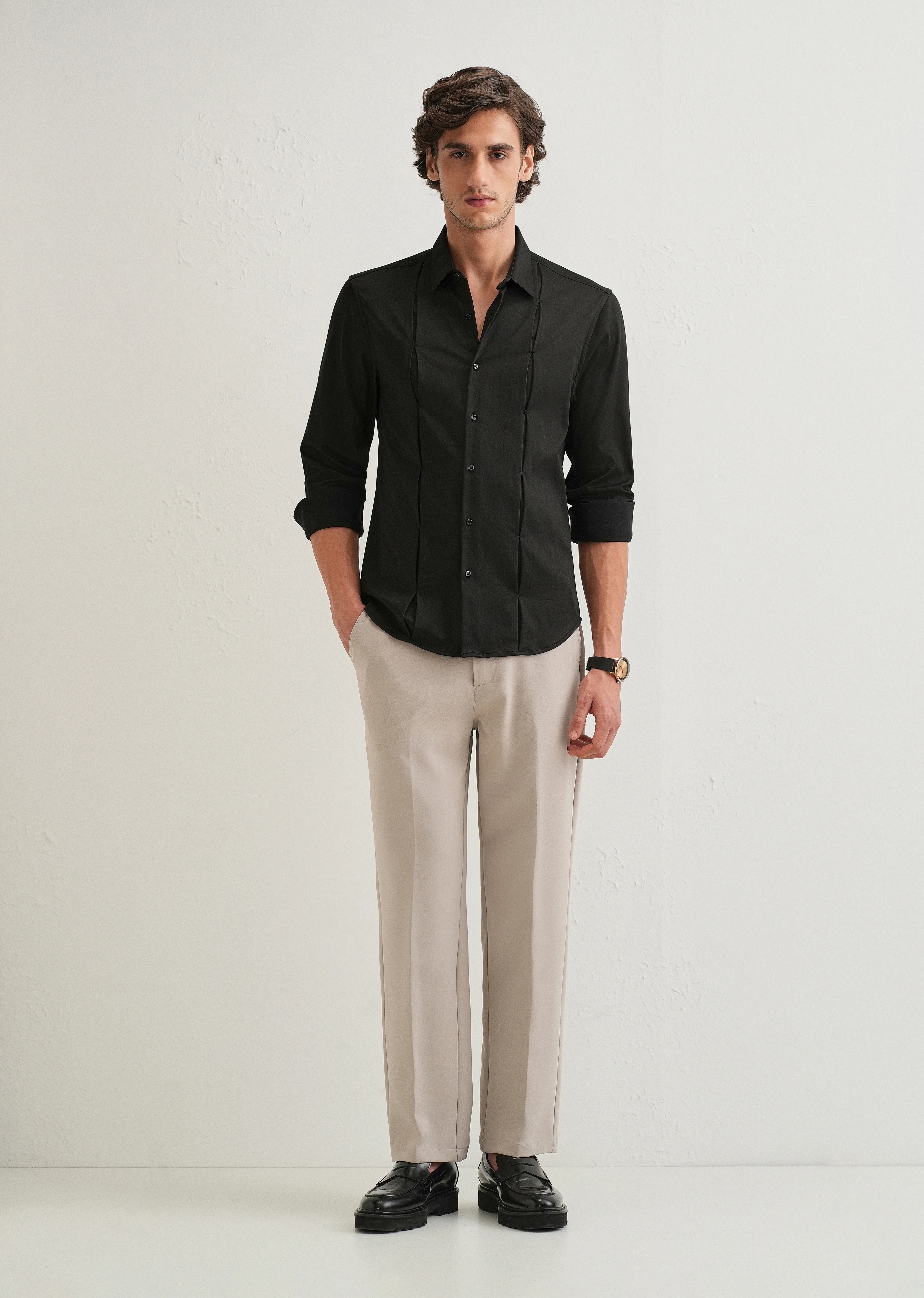 Black Front Panel Open Pleat Shirt - Image 6