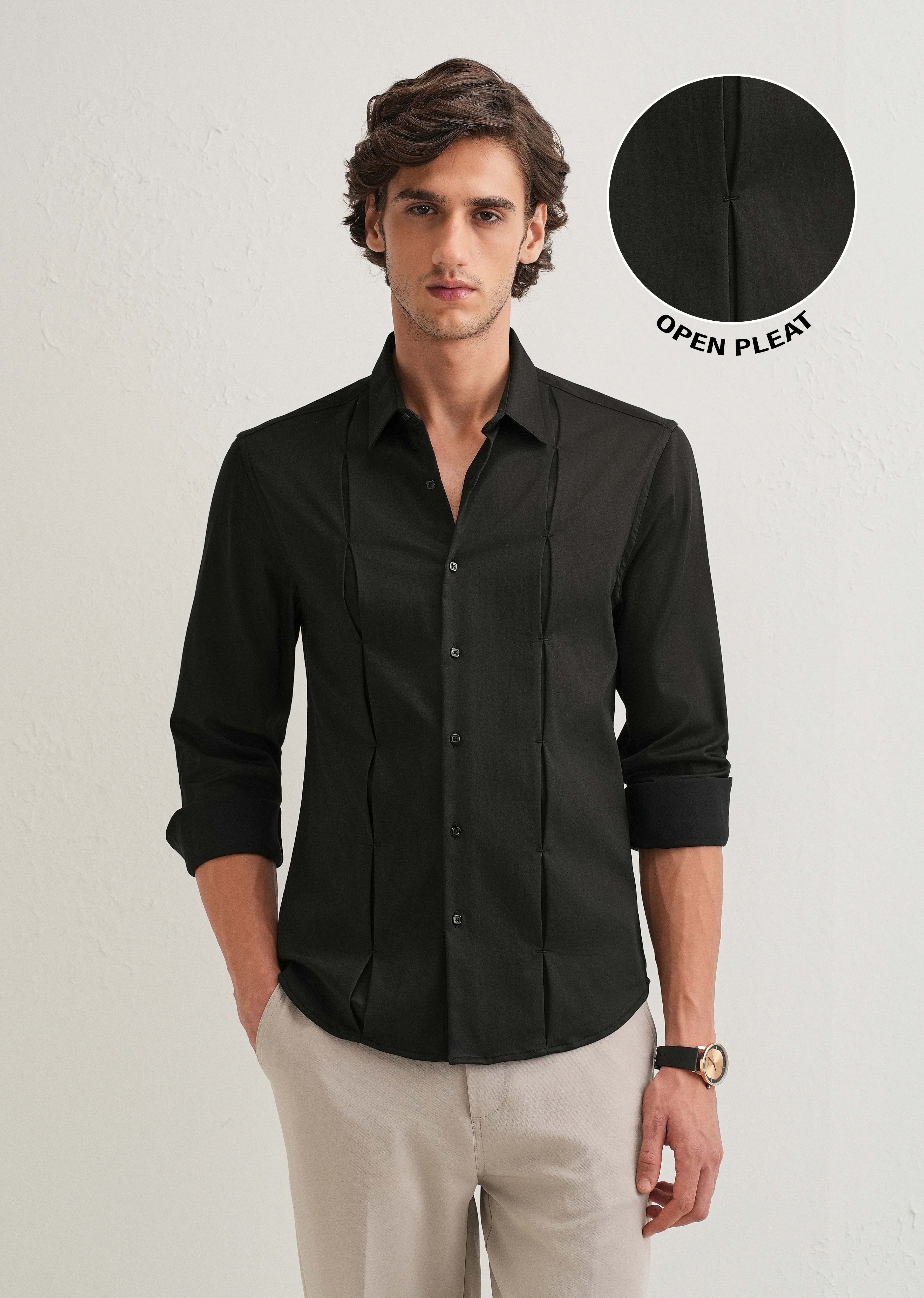 Black Front Panel Open Pleat Shirt - Image 7