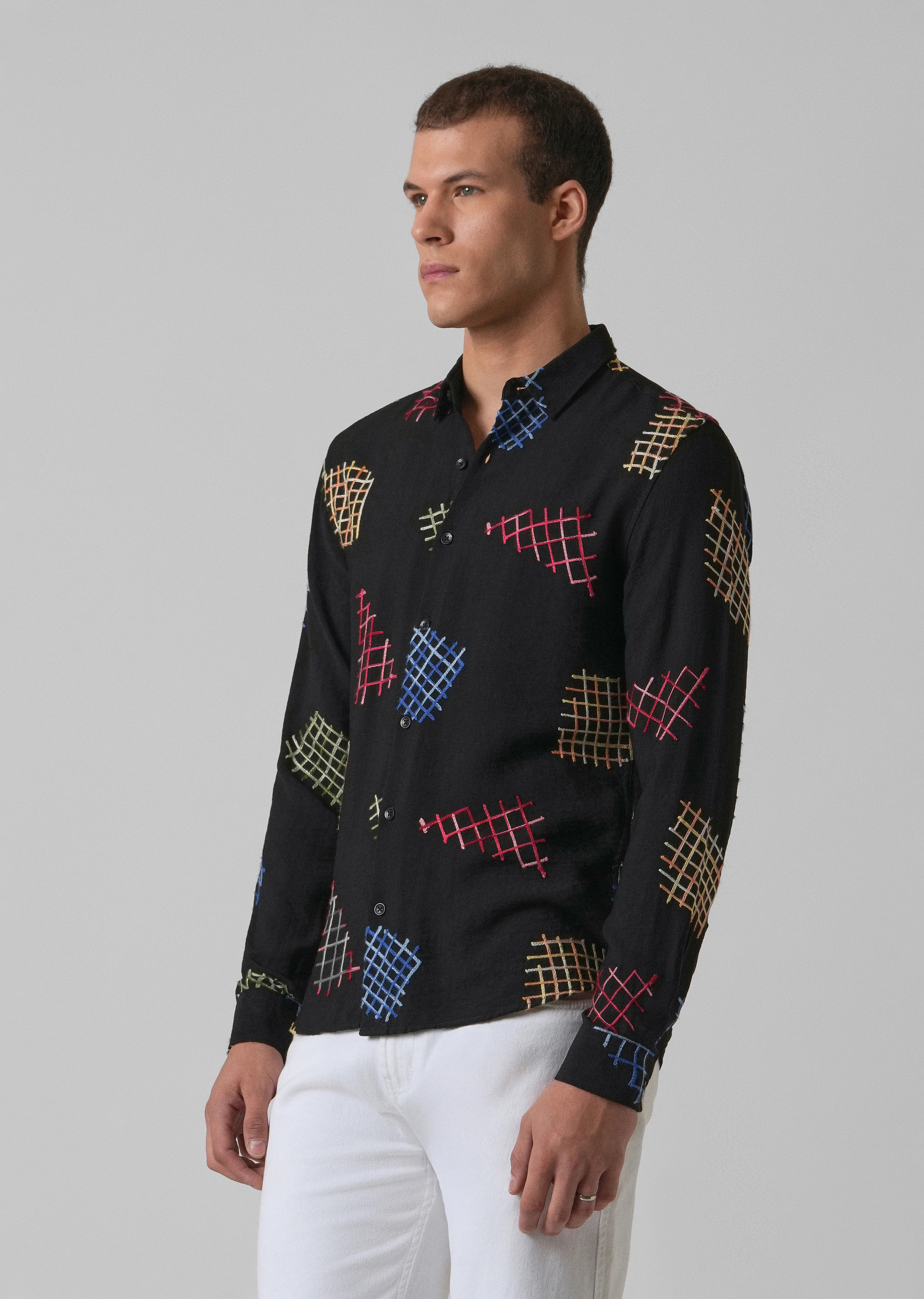 Black Geometric Embroidered Shirt - Image 4
