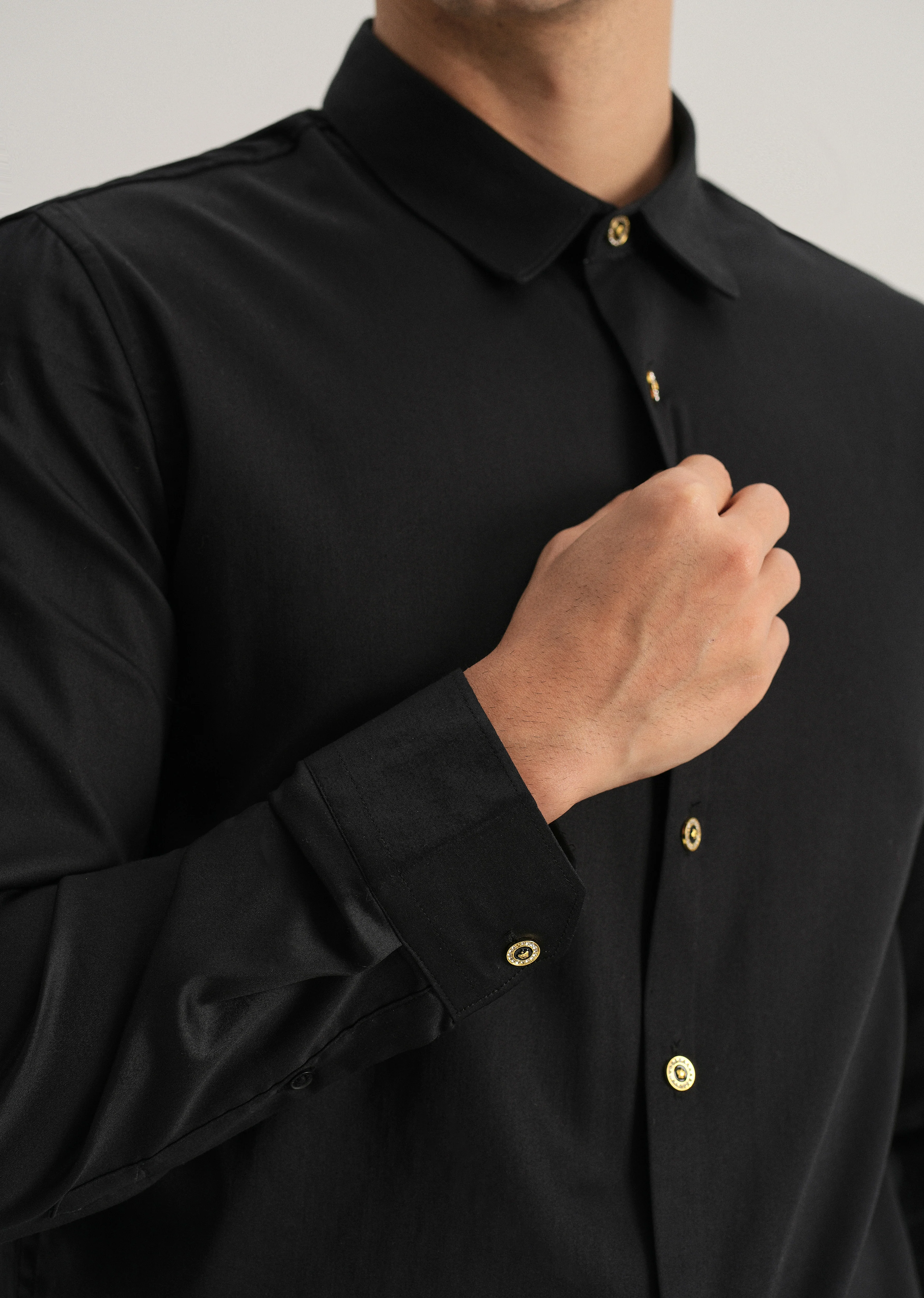 Black Glossy Gold Embellished Button Shirt - Image 2