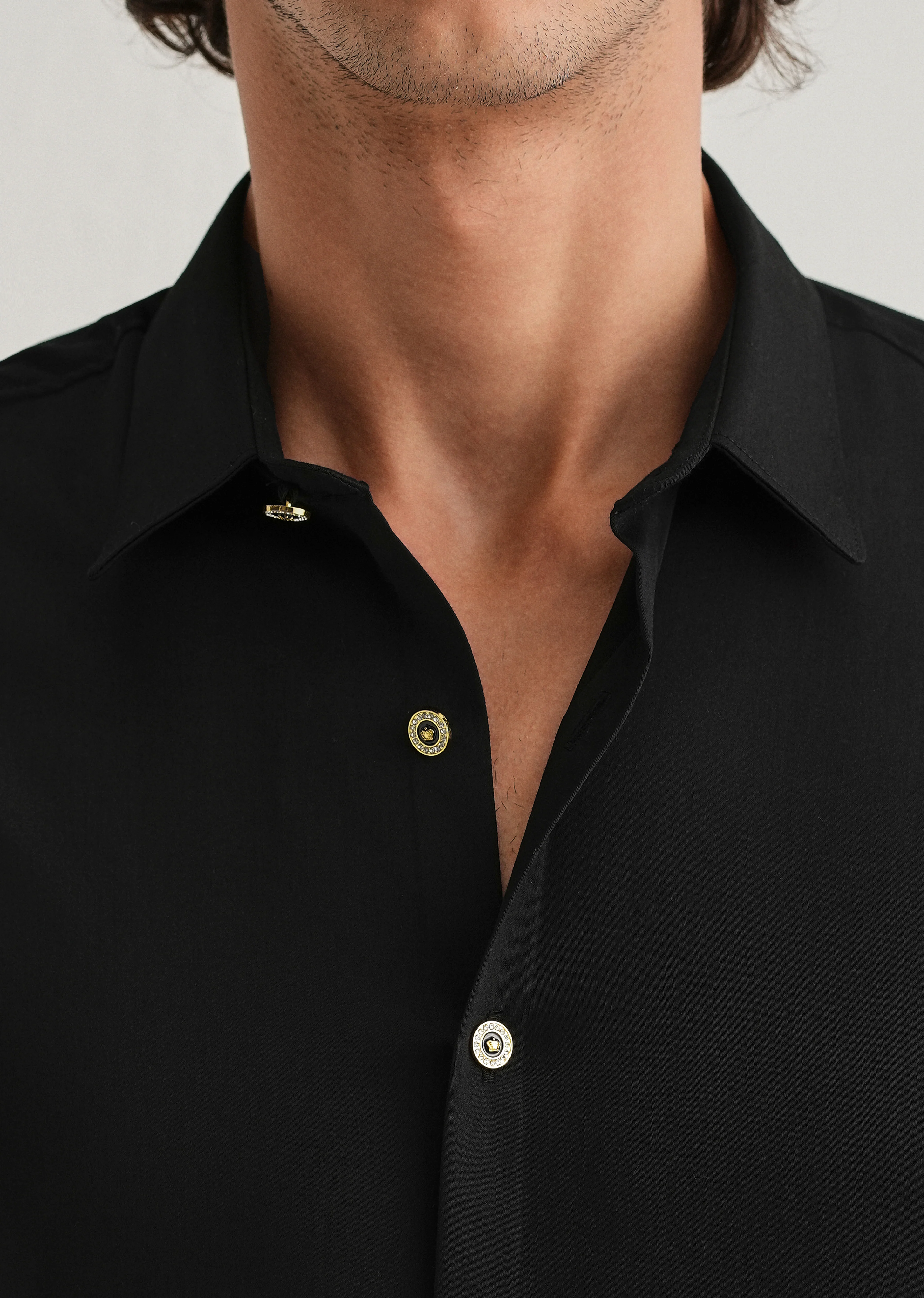 Black Glossy Gold Embellished Button Shirt - Image 3