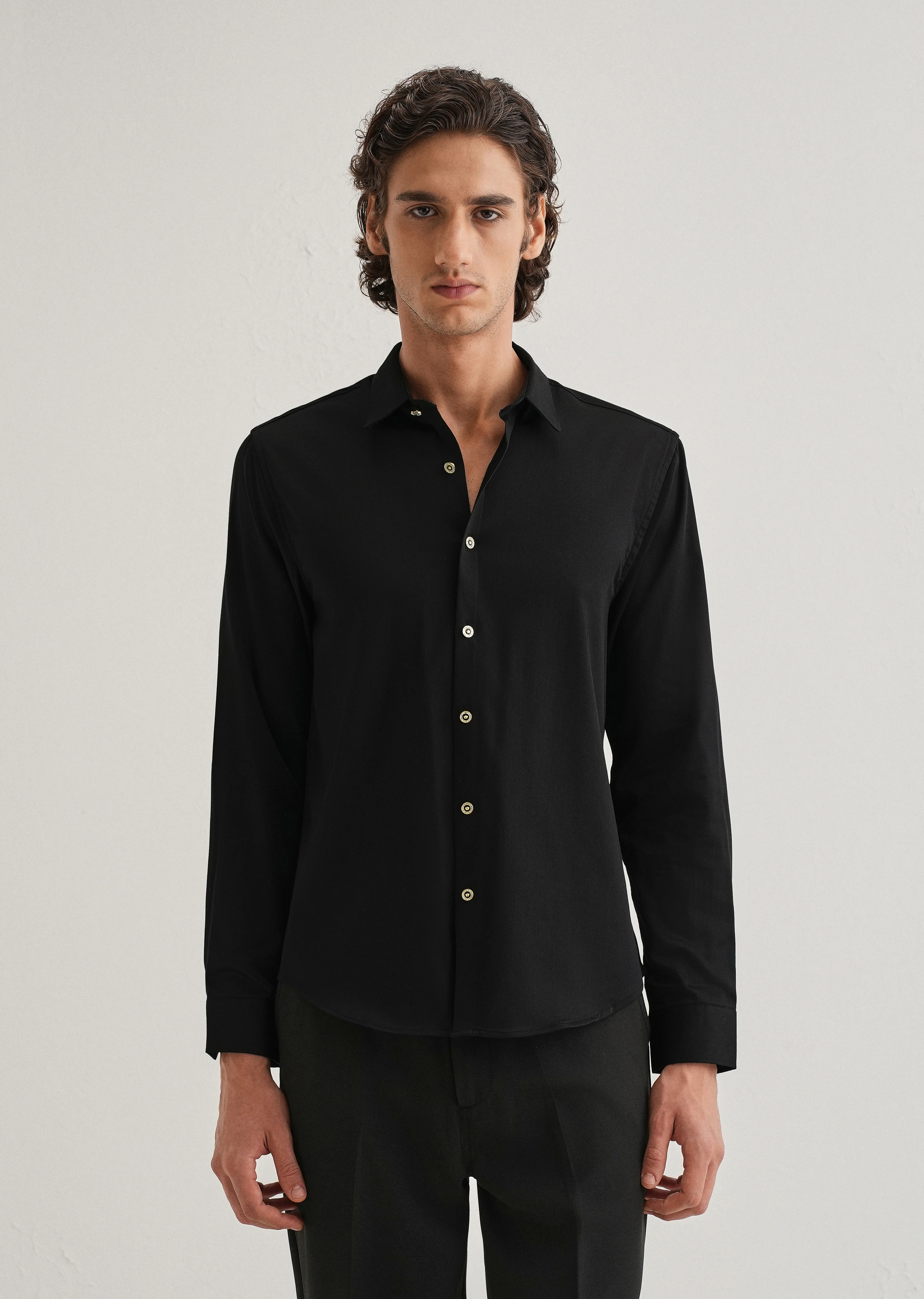 Black Glossy Gold Embellished Button Shirt - Image 5