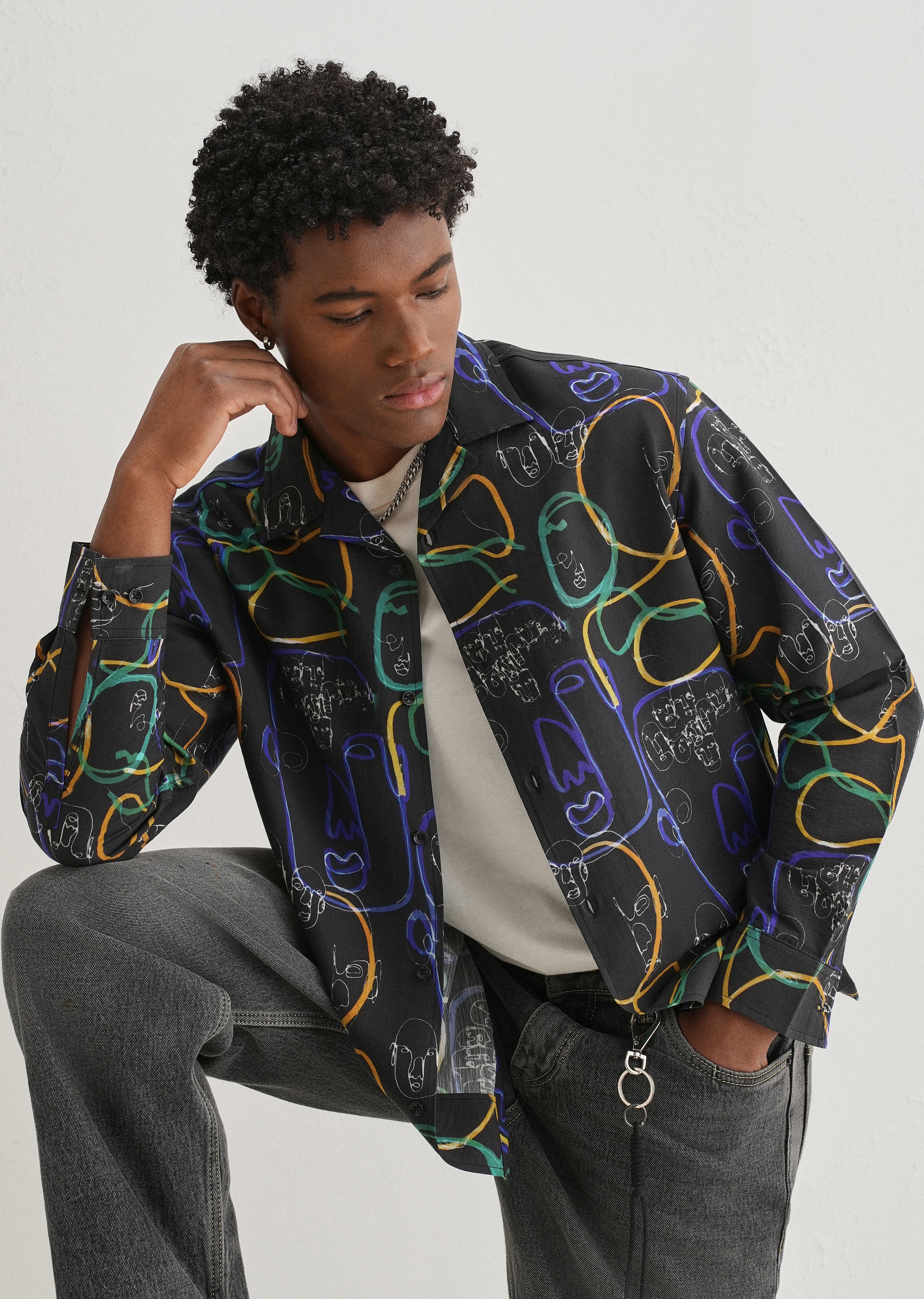 Black Graffiti Line Art Printed Shirt - Image 7