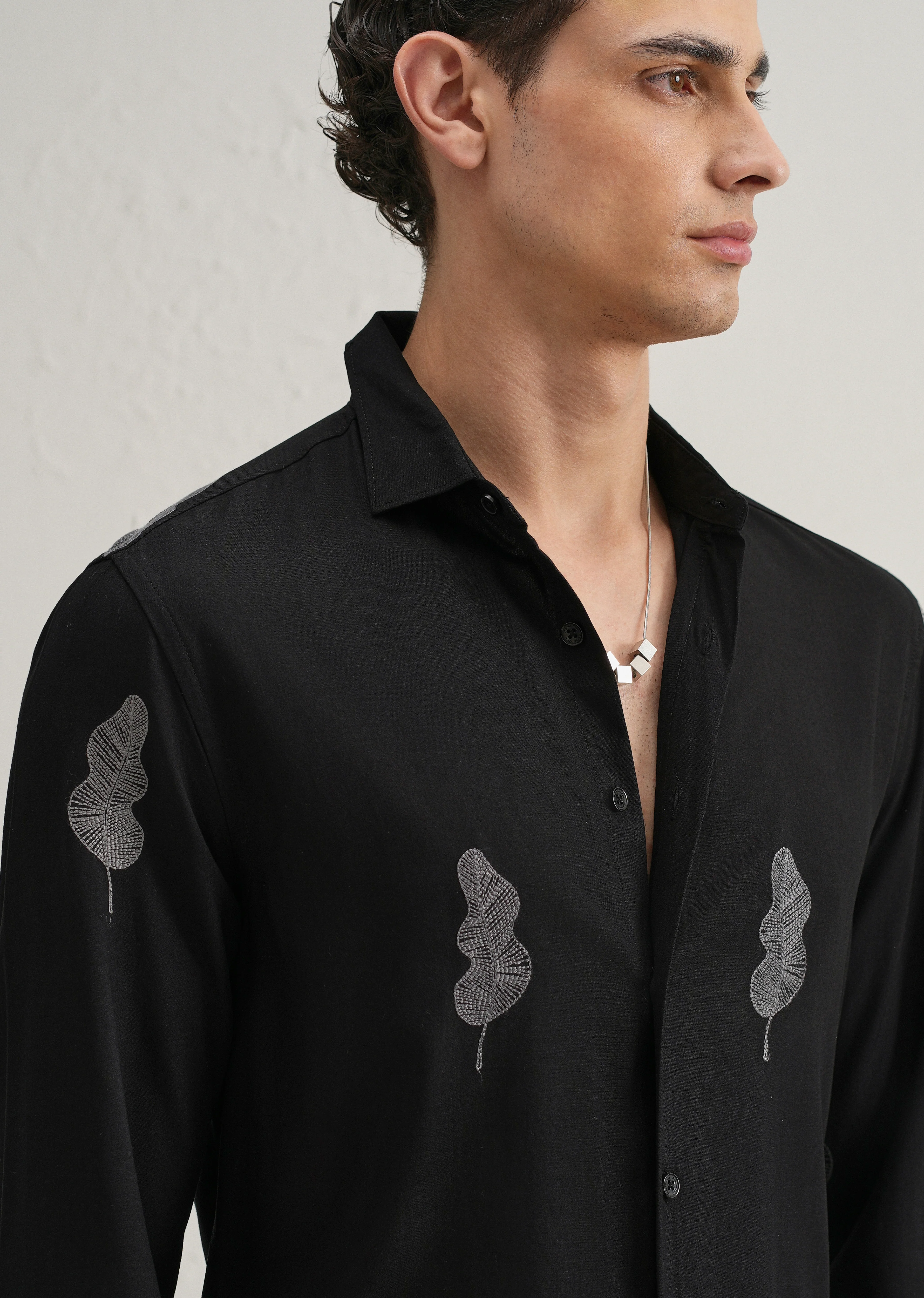 Black Grey Leaf Motif Embroidery Shirt - Image 2