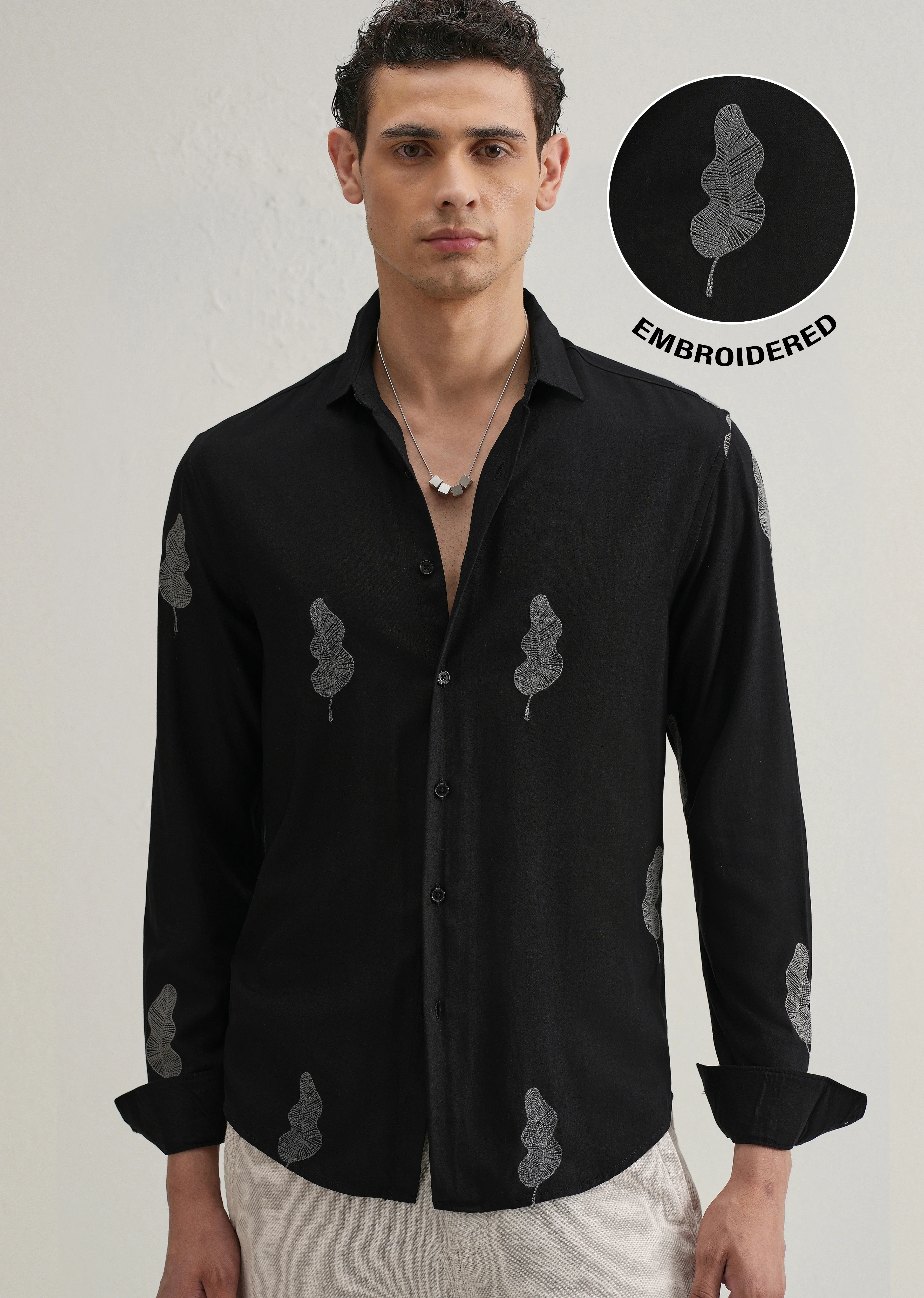 Black Grey Leaf Motif Embroidery Shirt - Image 7