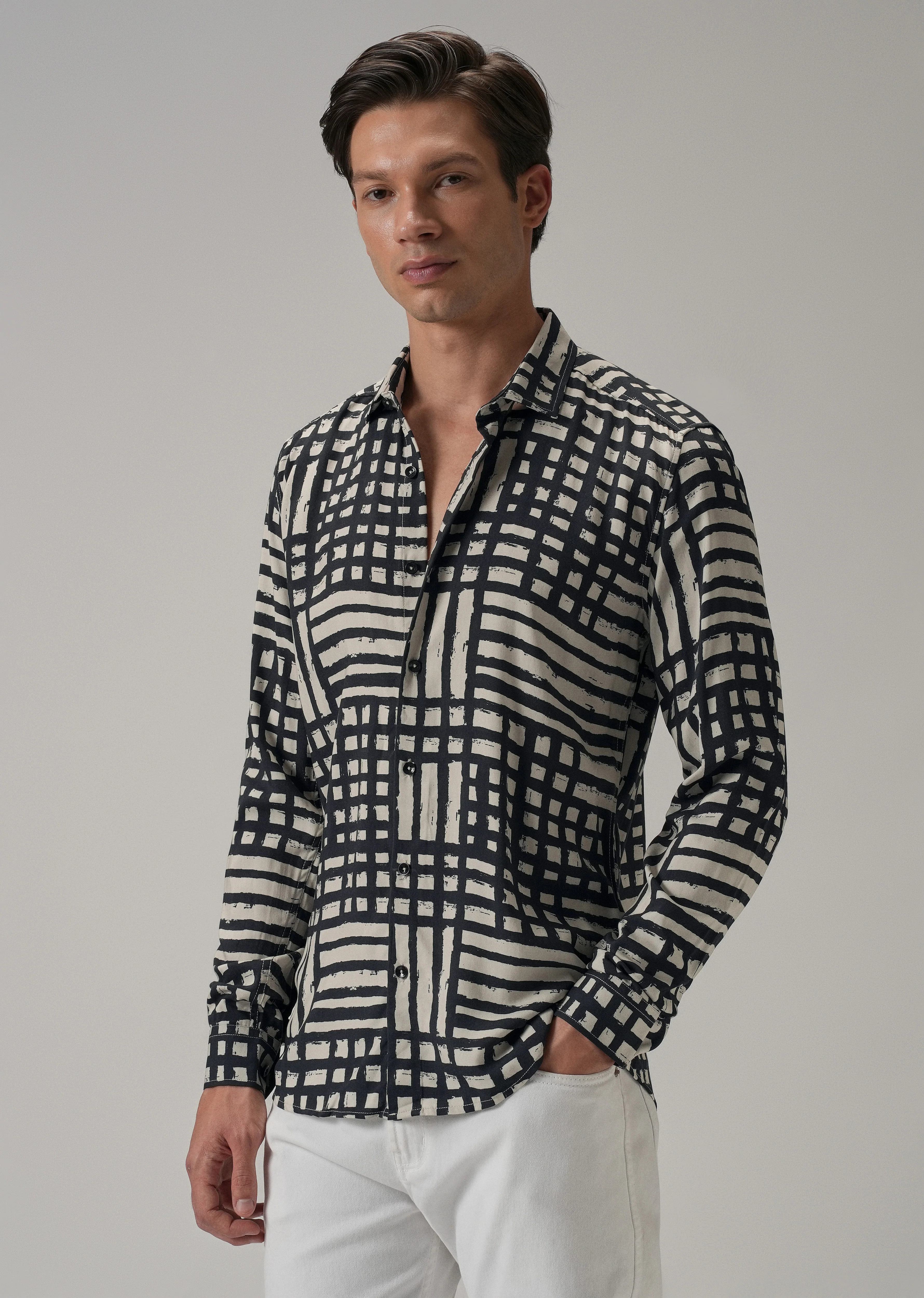 Black Grid Pattern Printed Shirt - Image 4