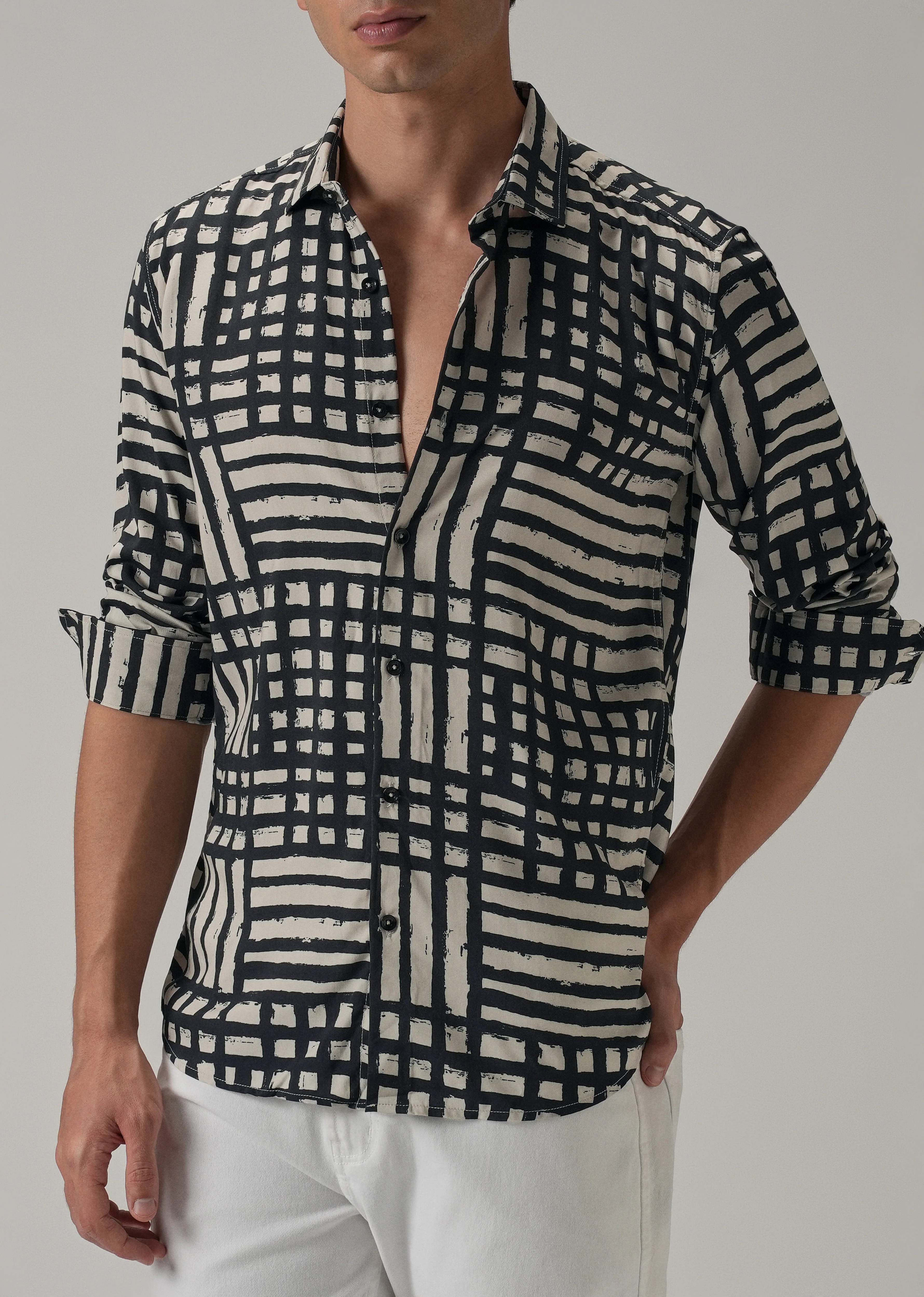 Black Grid Pattern Printed Shirt - Image 7
