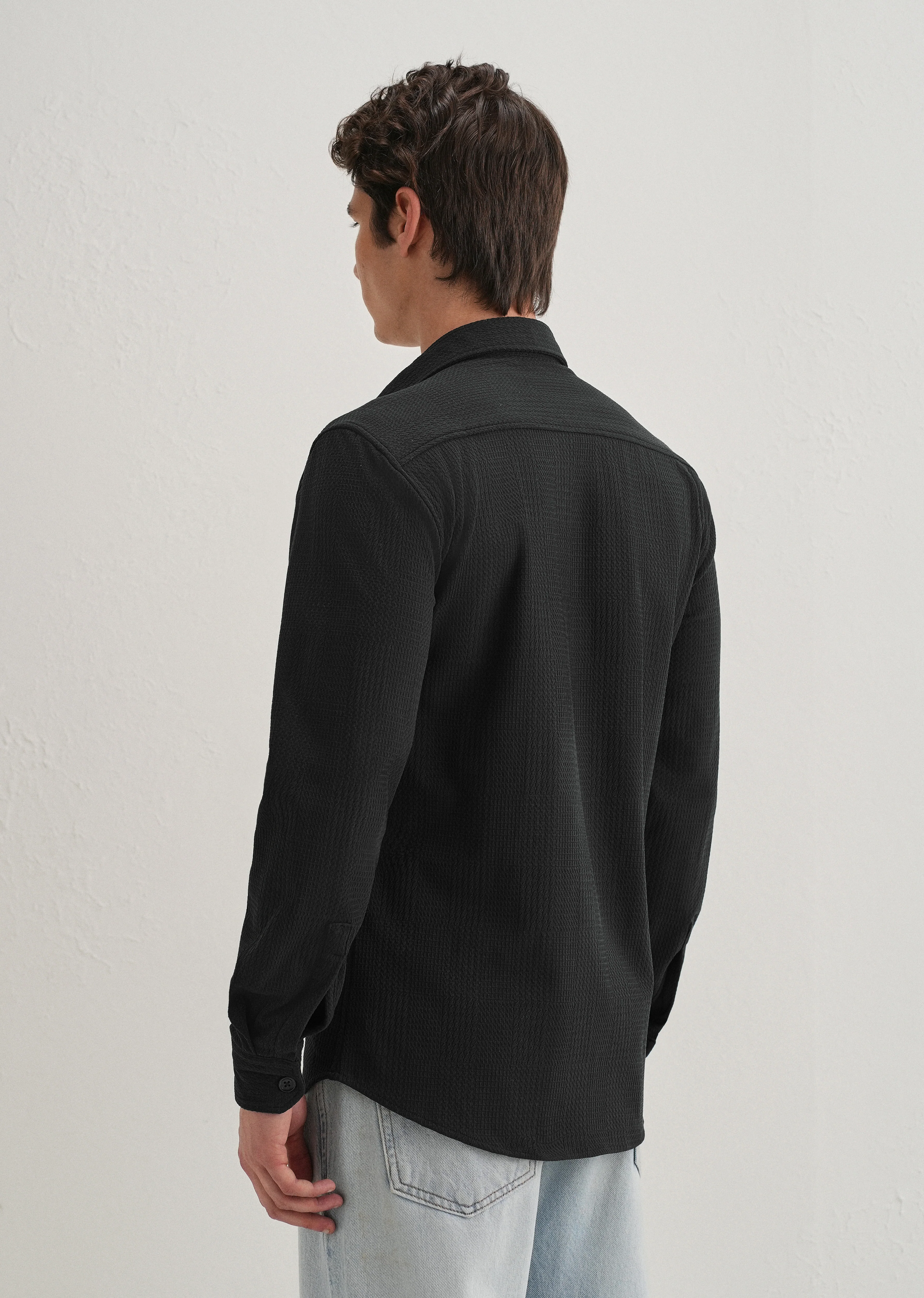Black Grid Textured Knit Shirt - Image 2