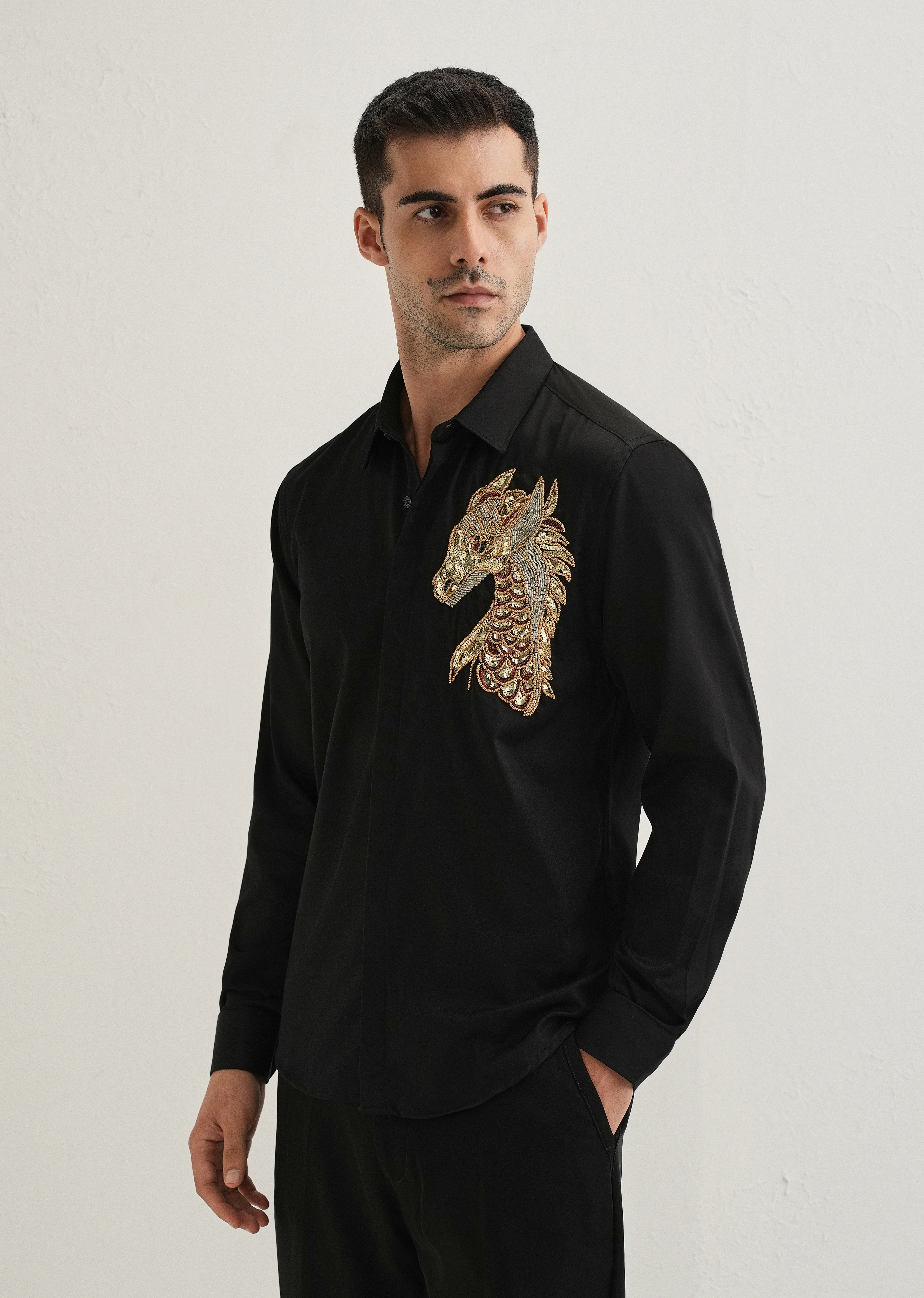 Black Embellished Dragon Designer Shirt - Image 5