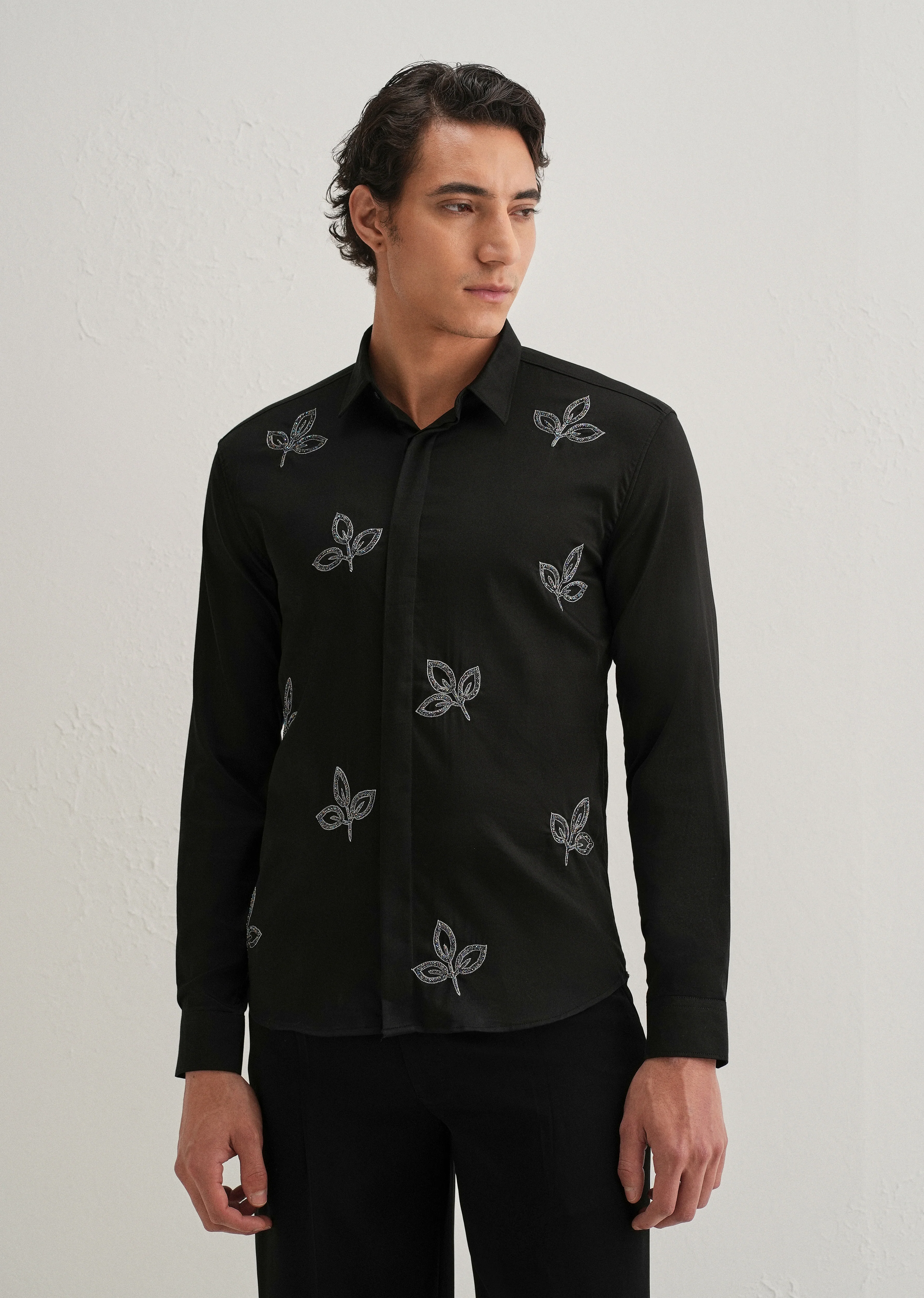 Black Handcrafted Leaf Designer Shirt - Image 3