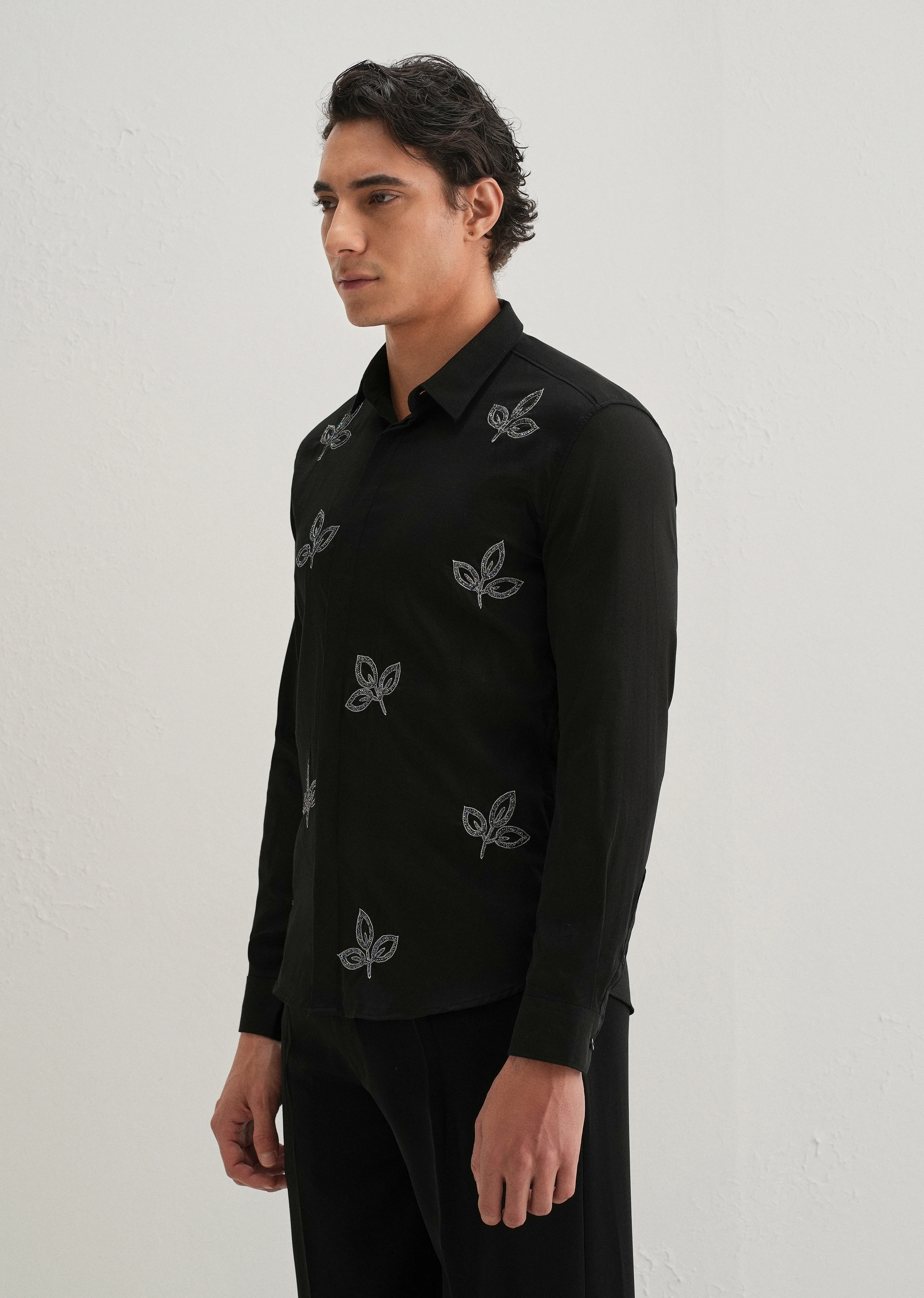 Black Handcrafted Leaf Designer Shirt - Image 4