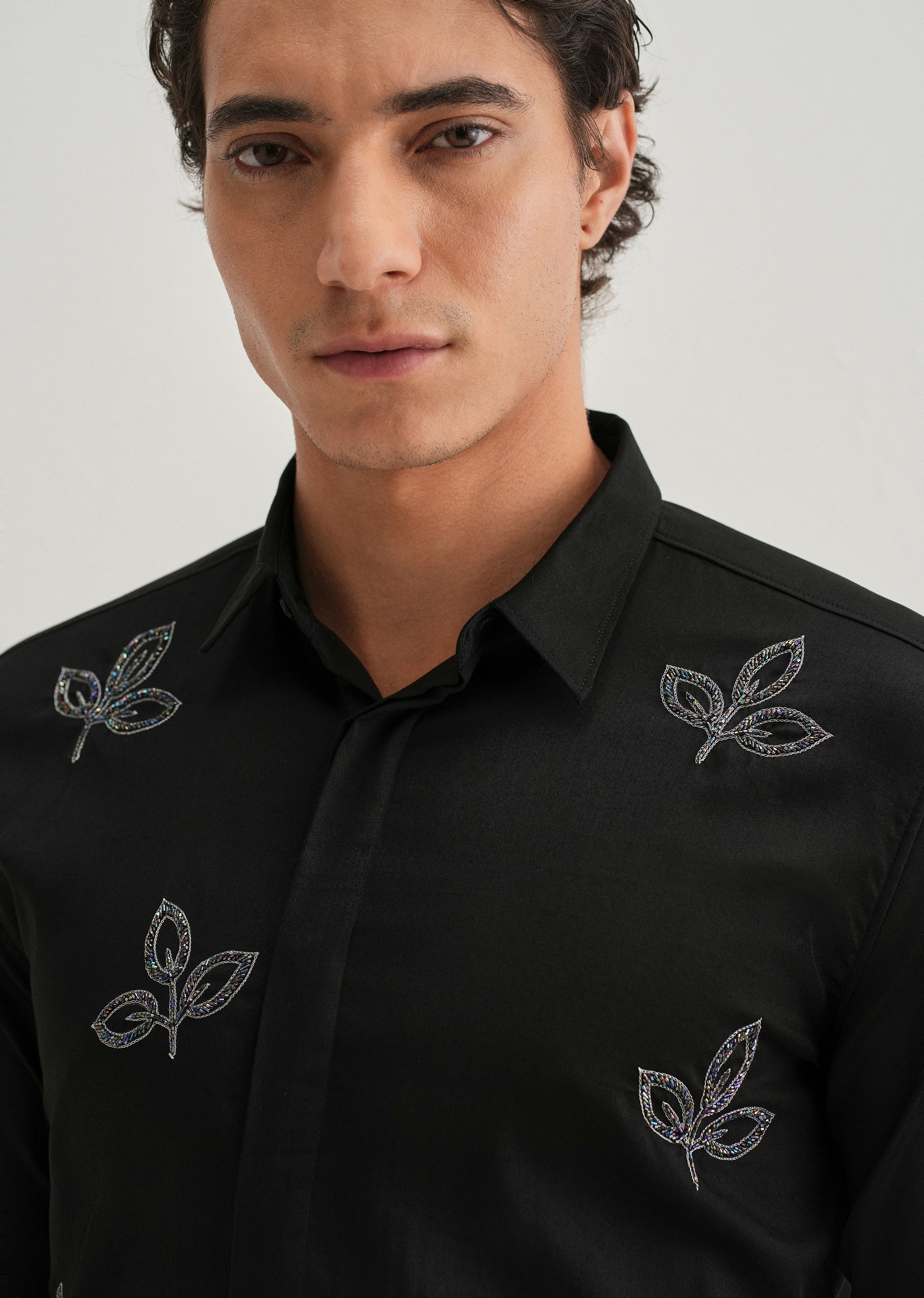 Black Handcrafted Leaf Designer Shirt - Image 5