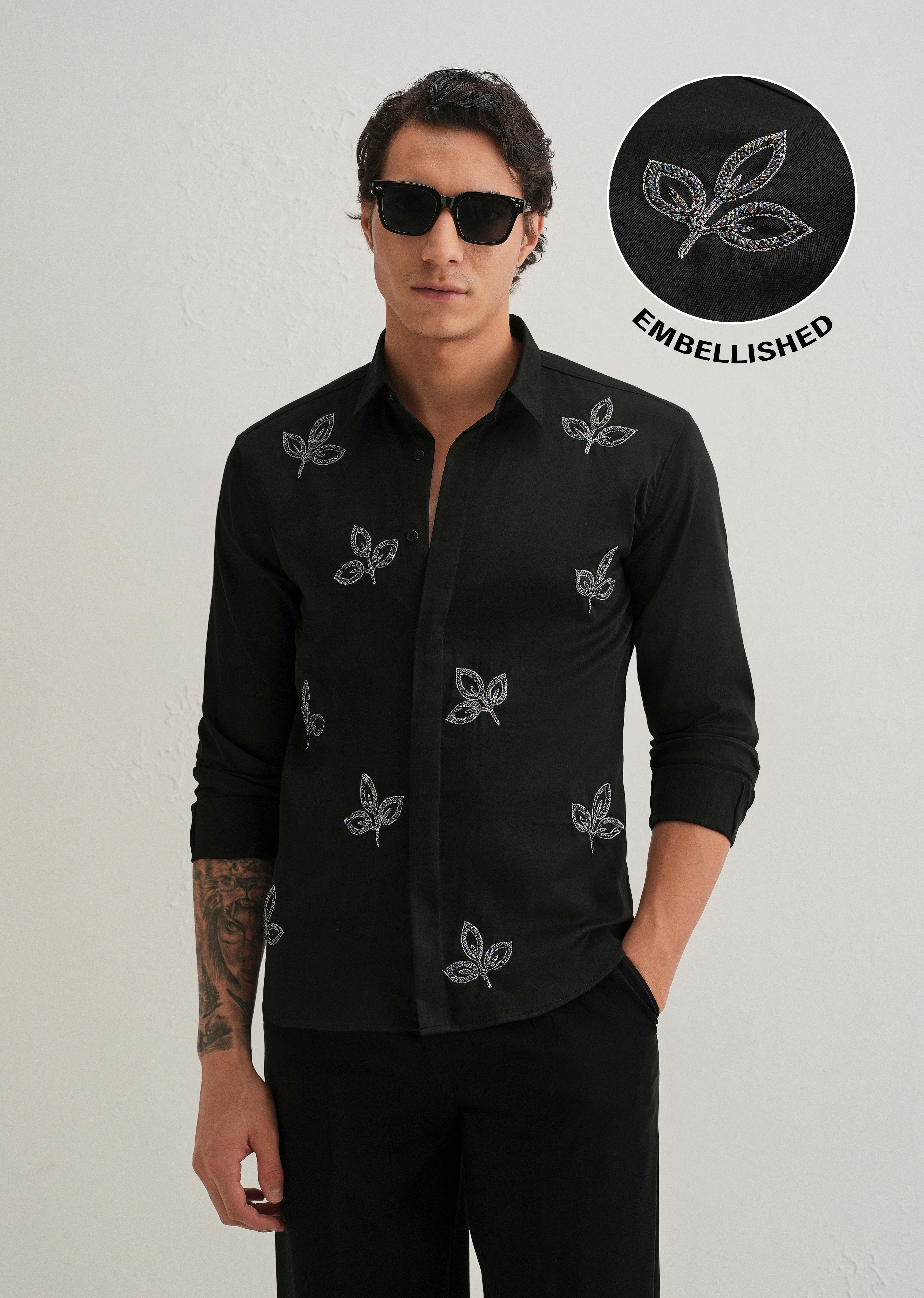 Black Handcrafted Leaf Designer Shirt - Image 7