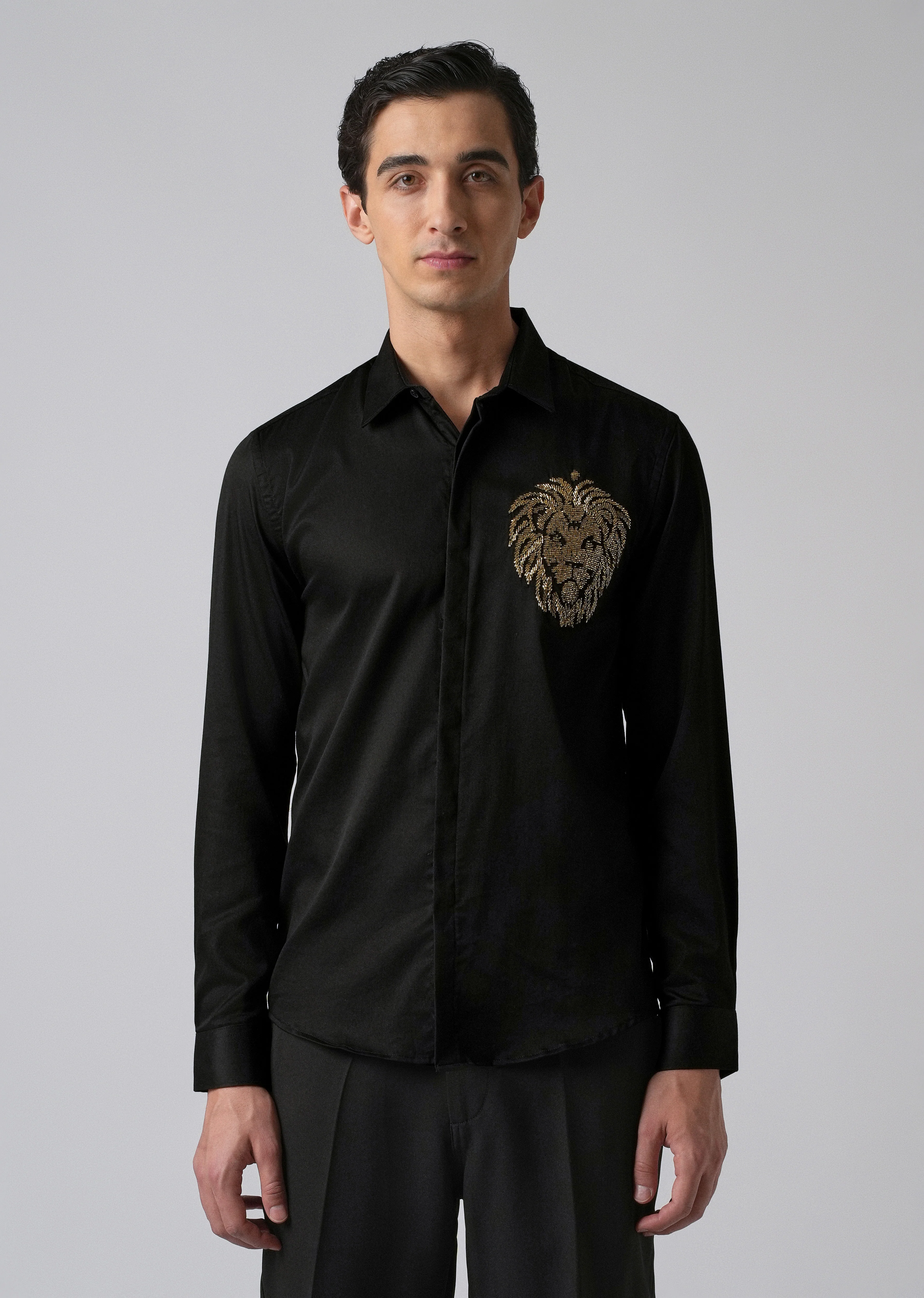 Black Handcrafted Lion Embroidery Designer Shirt - Image 3