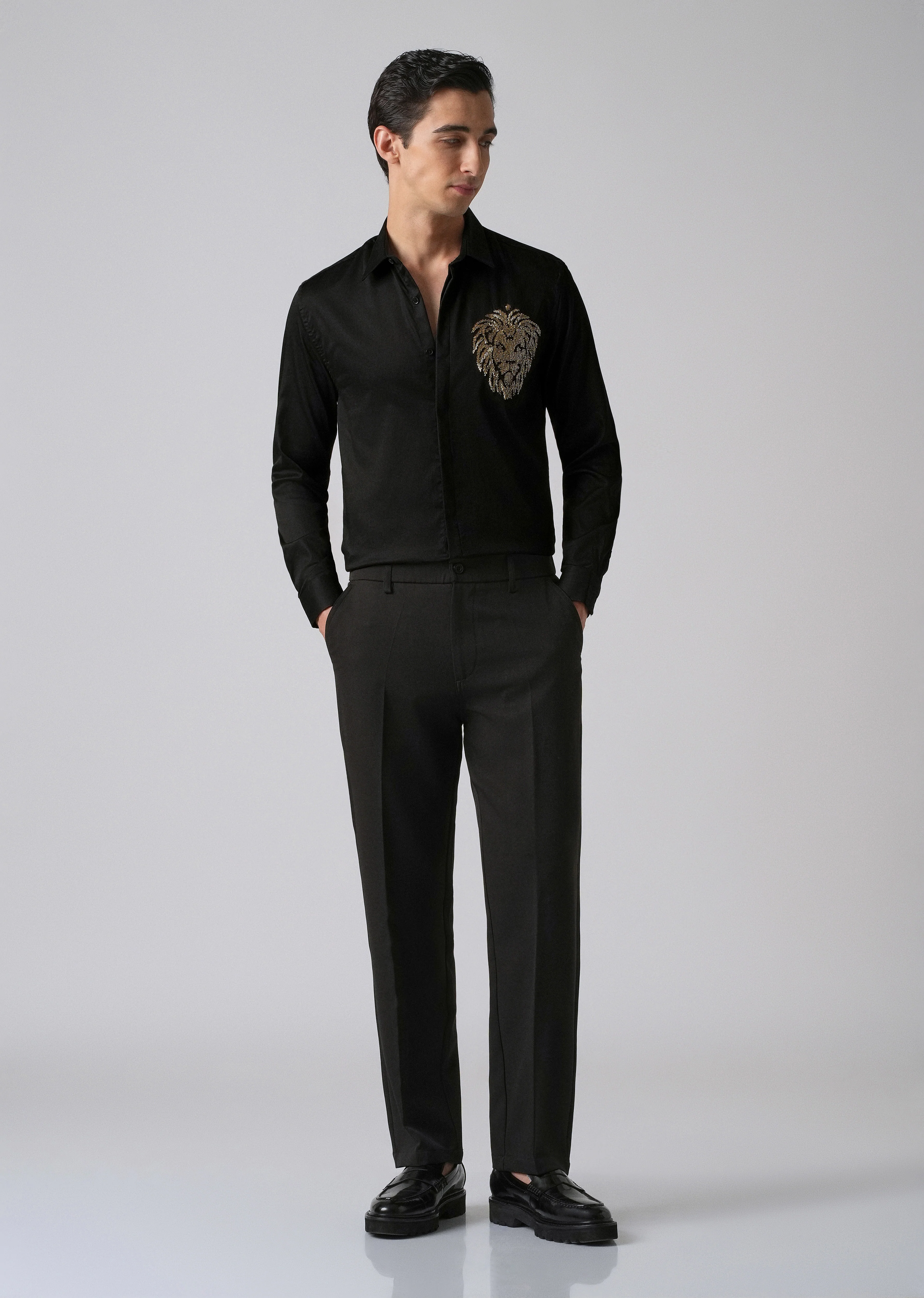 Black Handcrafted Lion Embroidery Designer Shirt - Image 6
