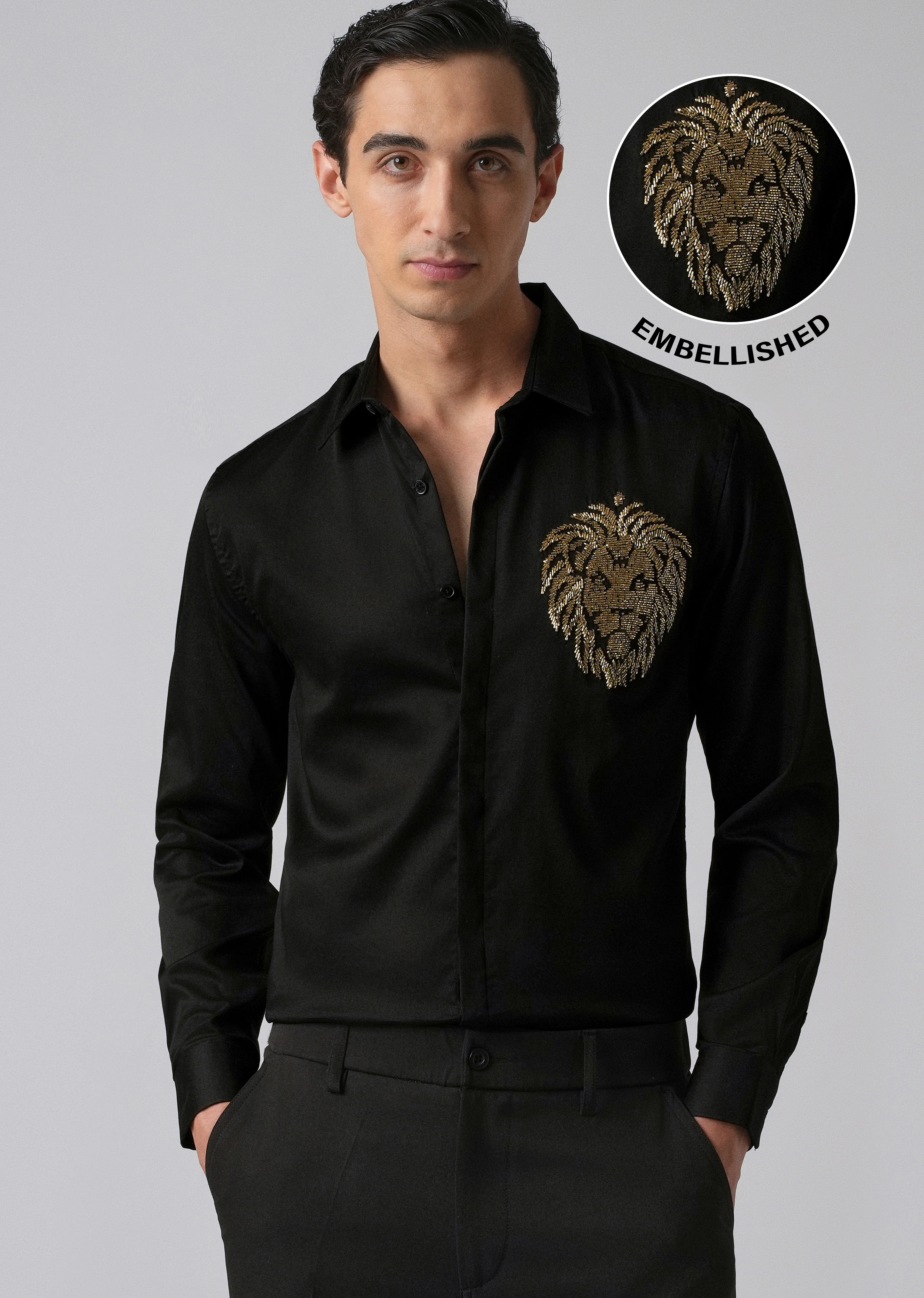 Black Handcrafted Lion Embroidery Designer Shirt - Image 7