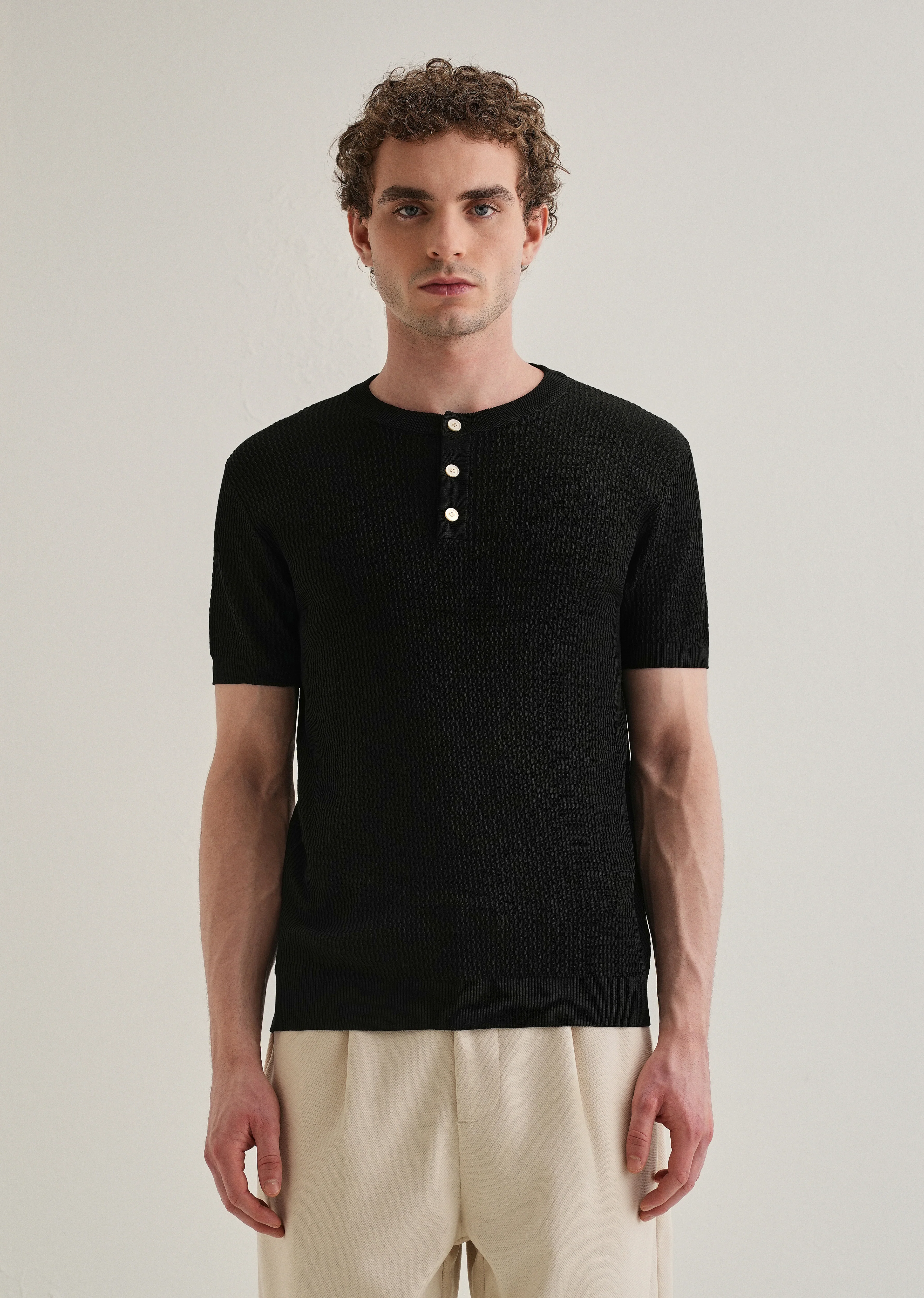 Black Henley Neck Knitted T-shirt - Image 3