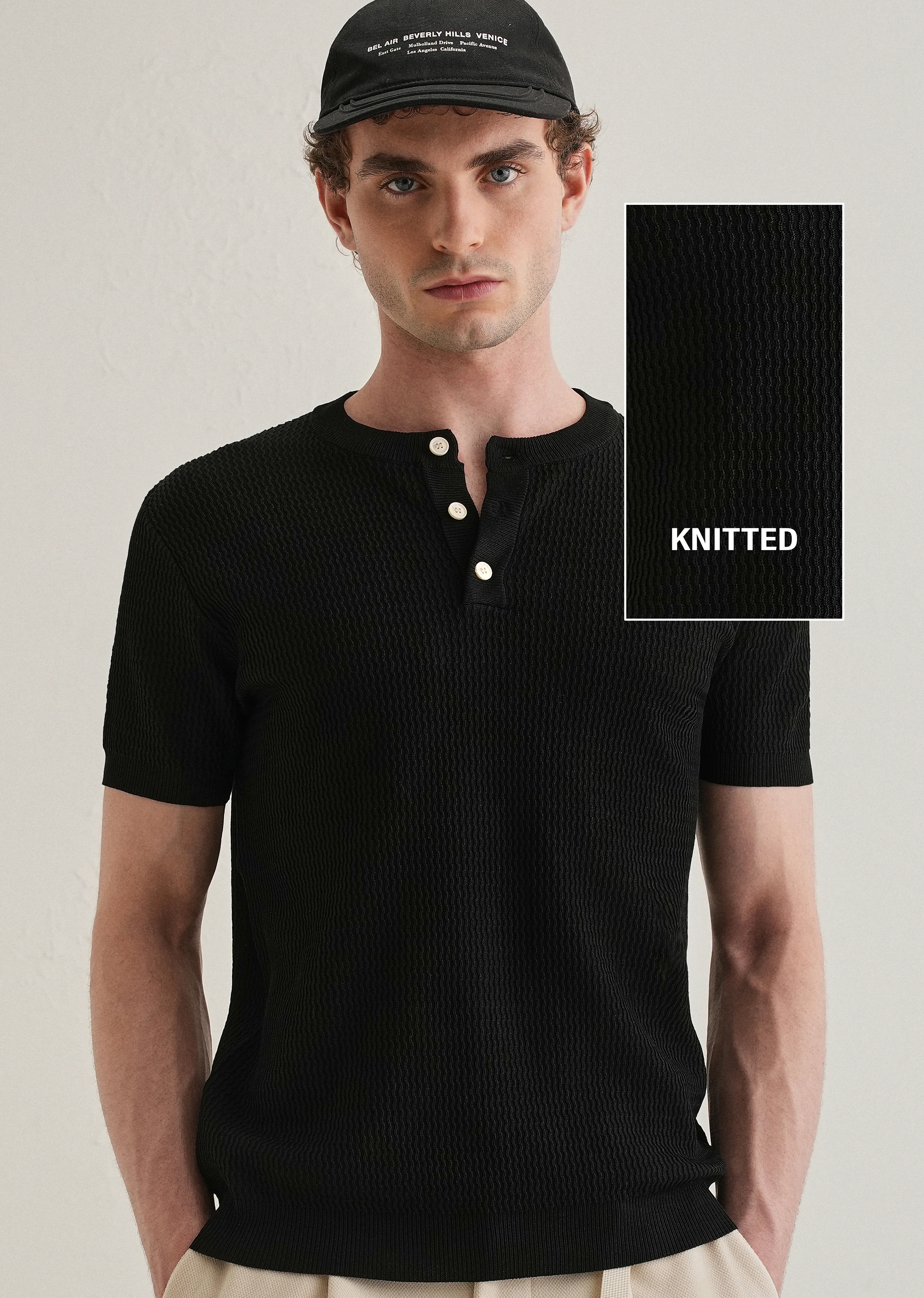 Black Henley Neck Knitted T-shirt - Image 7