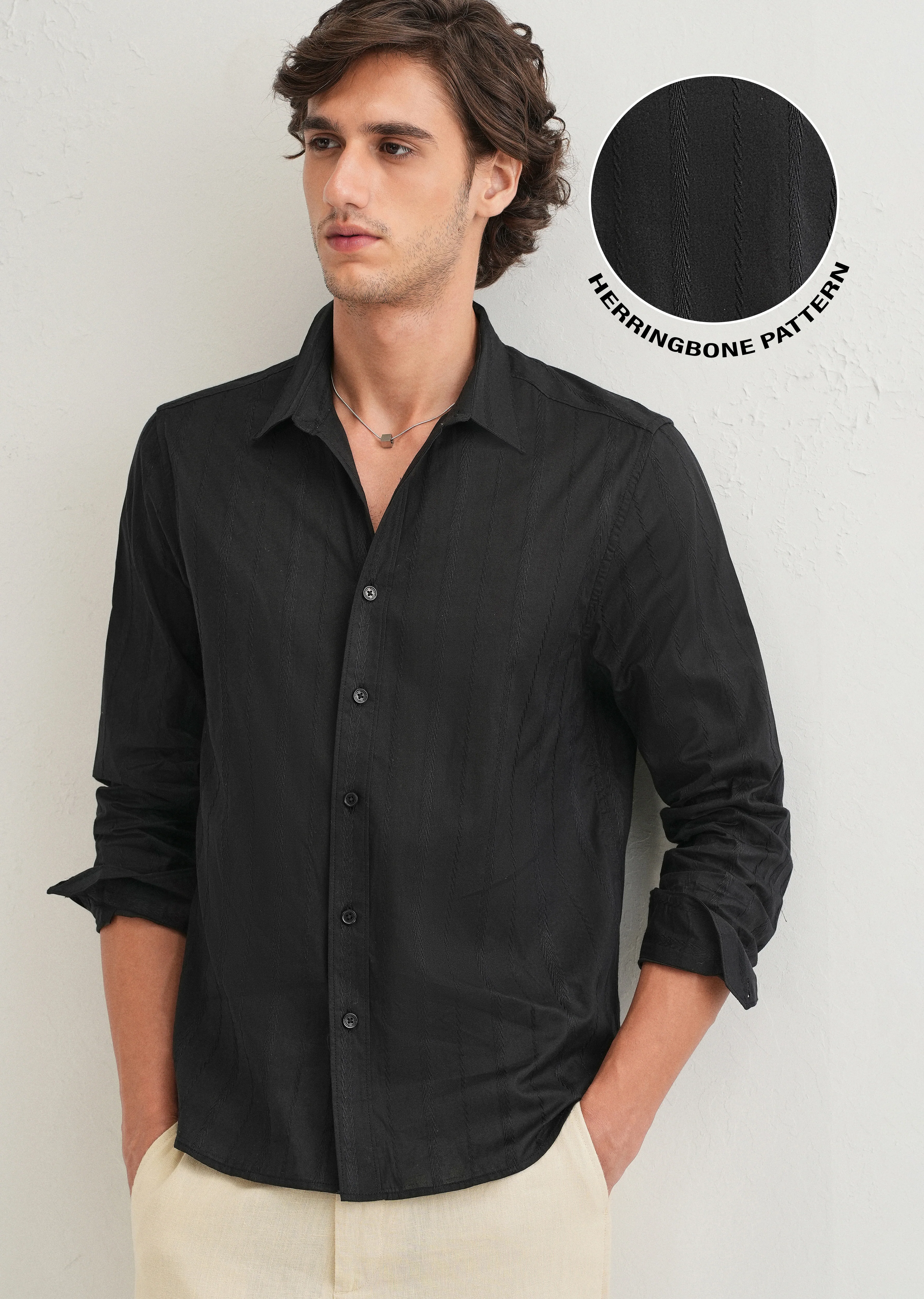 Black Herringbone Pattern Shirt - Image 7