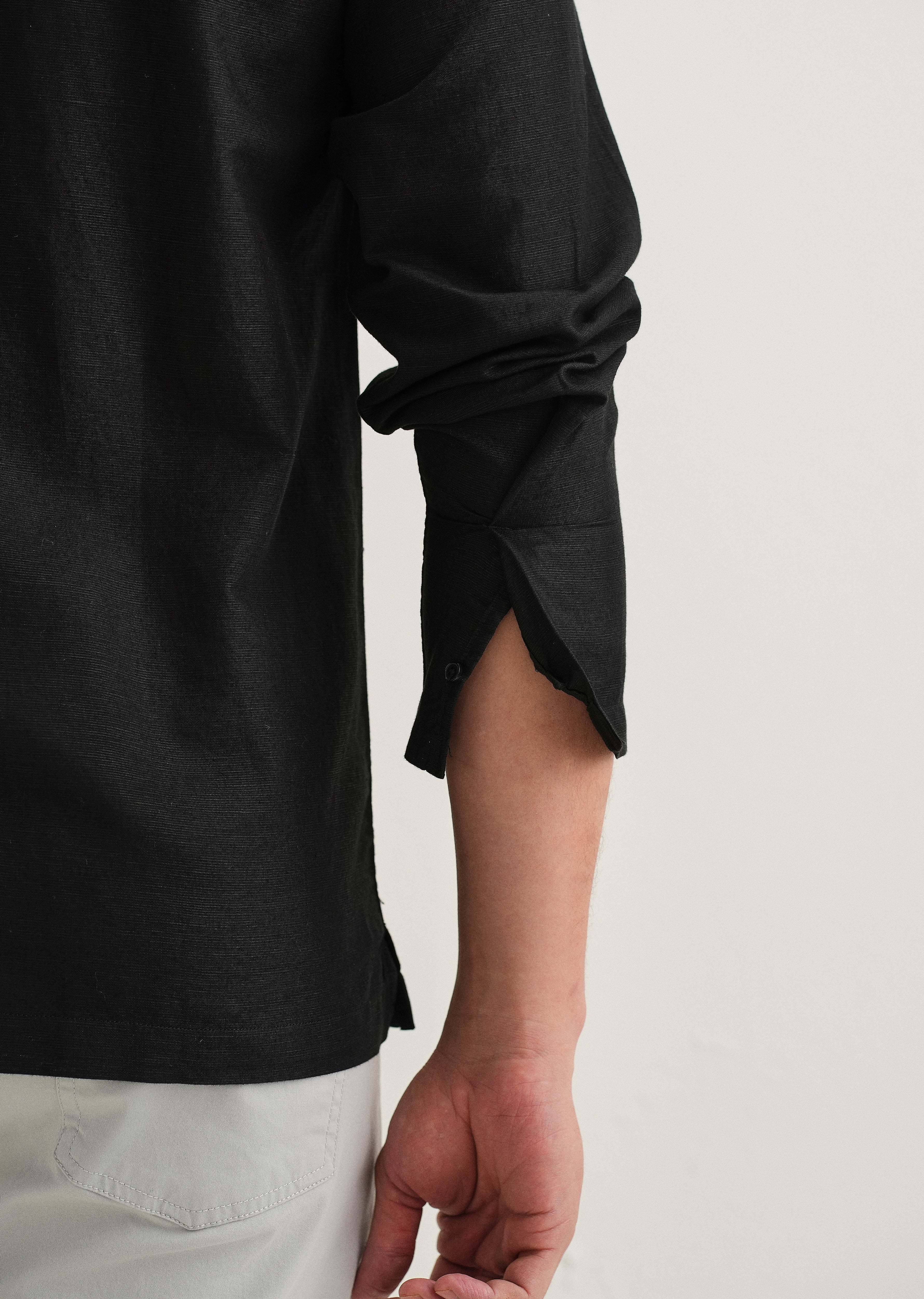 Black Hidden Sleeve Placket Cotton Linen Shirt - Image 2