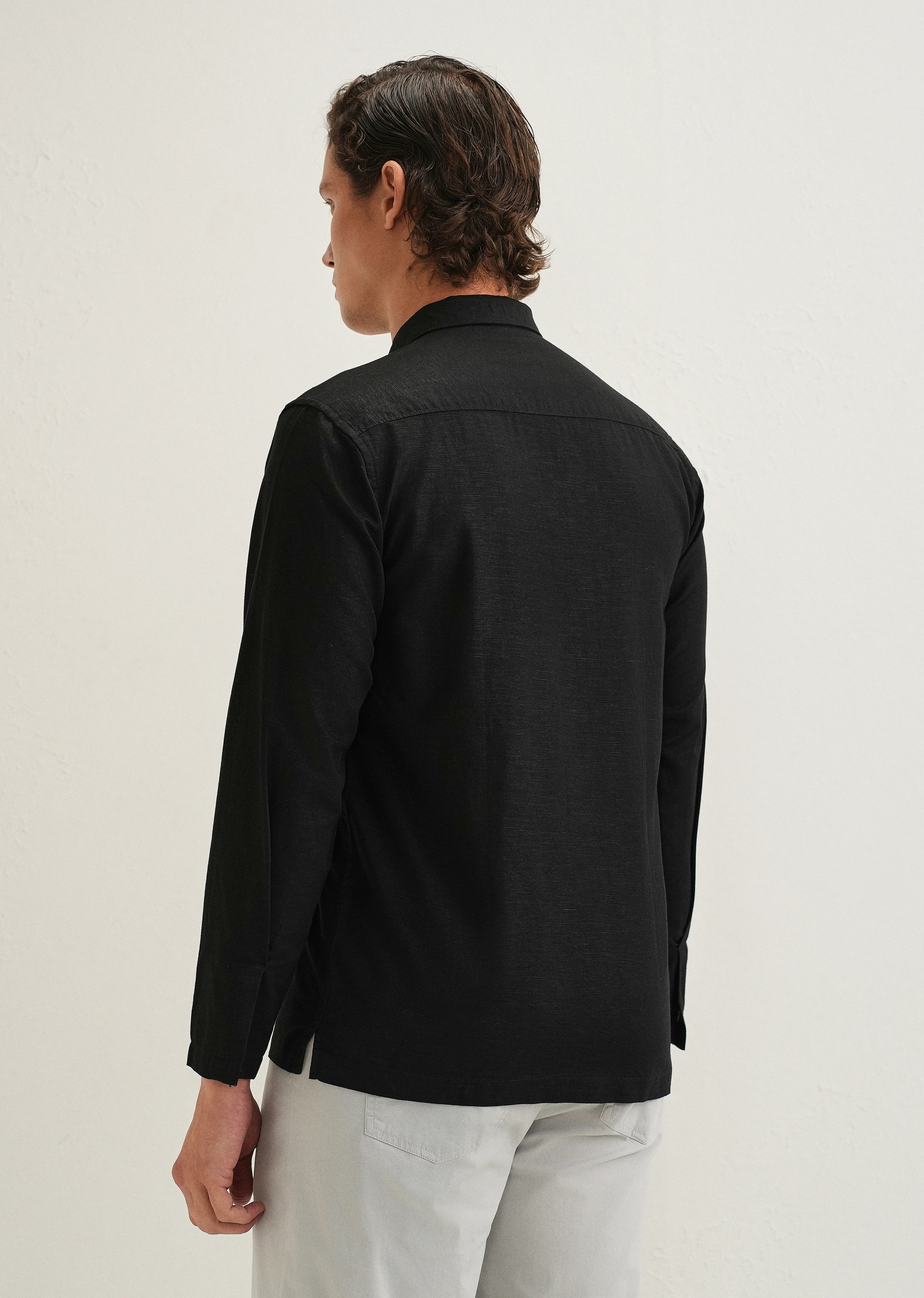 Black Hidden Sleeve Placket Cotton Linen Shirt - Image 4