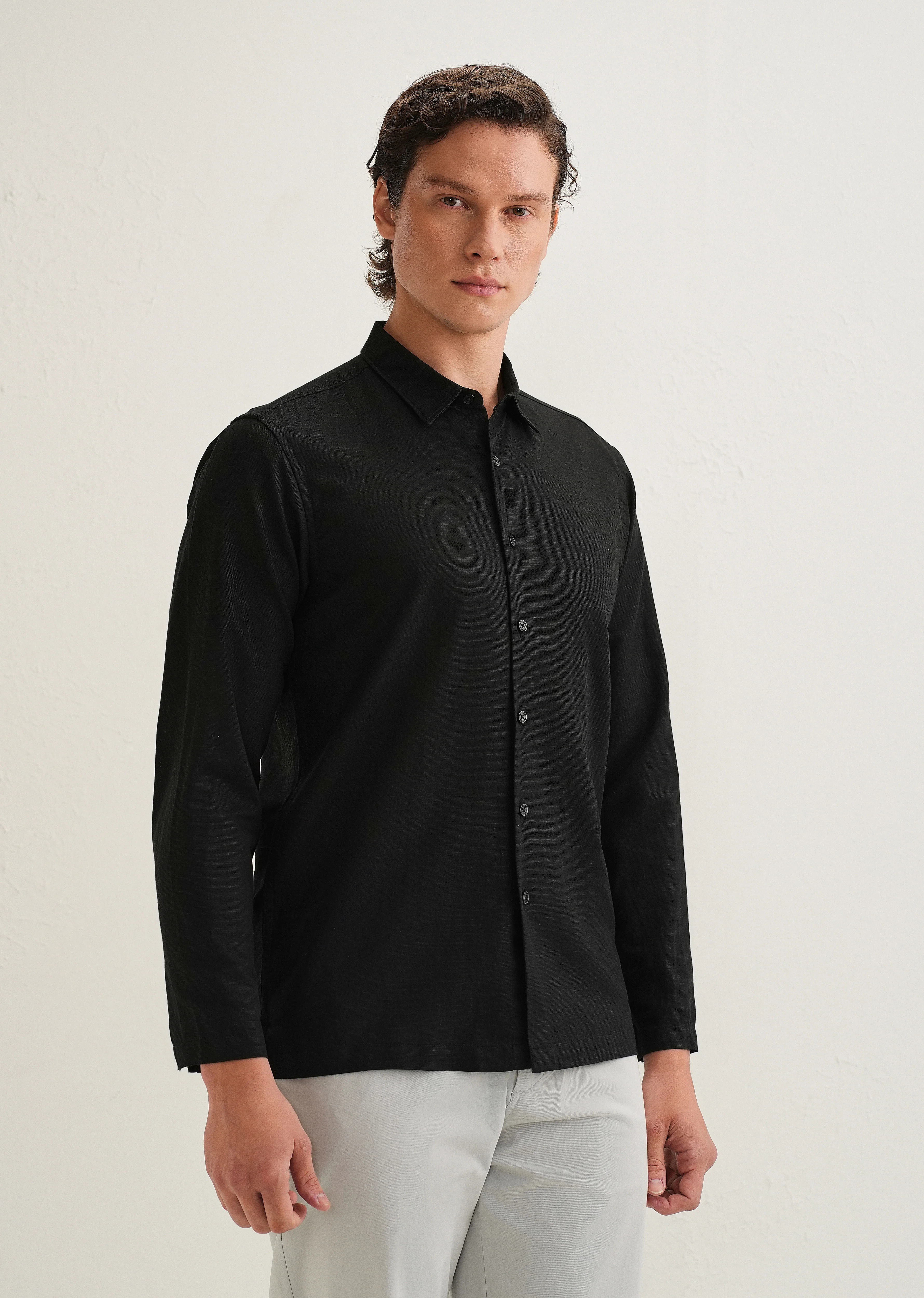 Black Hidden Sleeve Placket Cotton Linen Shirt - Image 5
