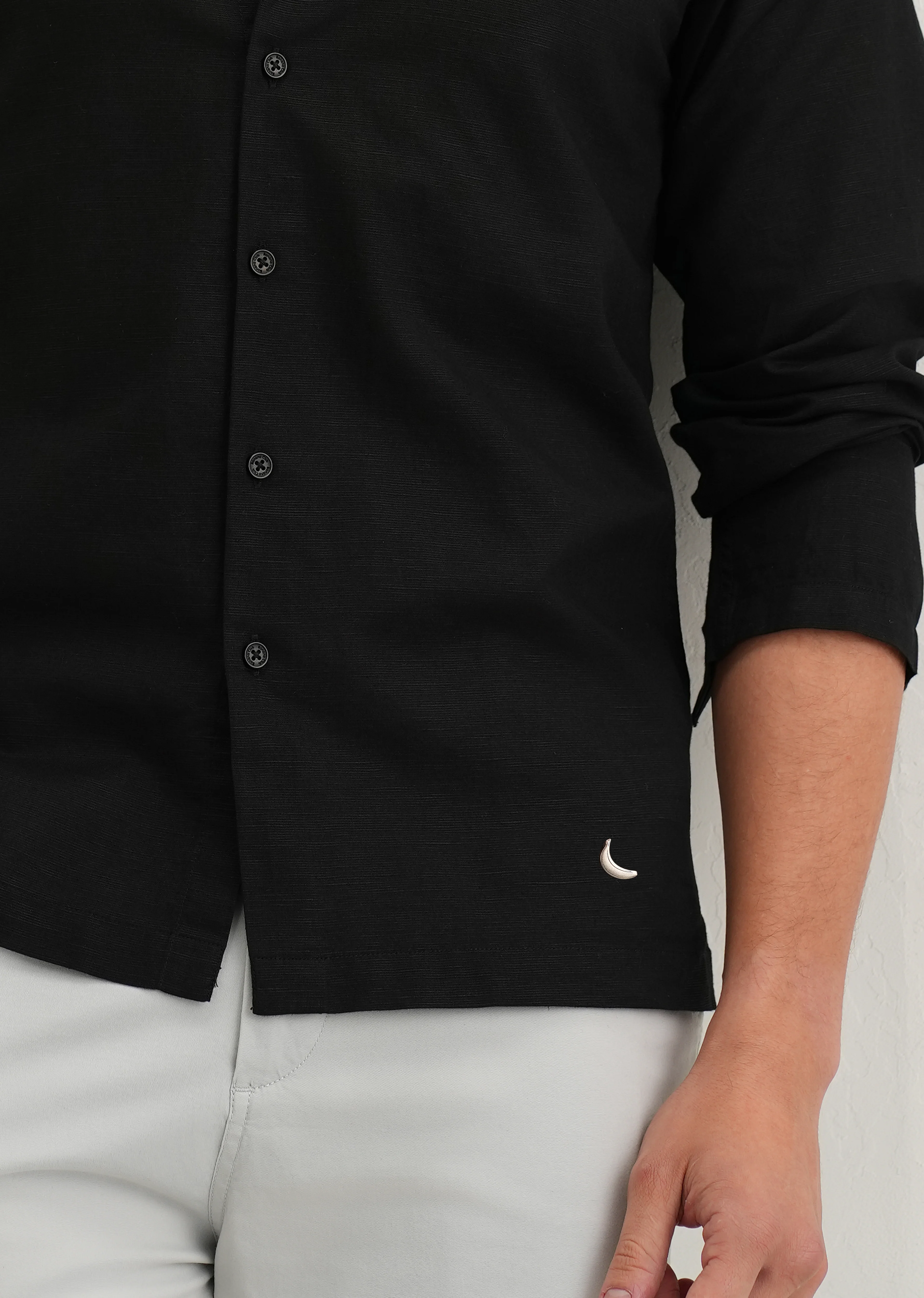 Black Hidden Sleeve Placket Cotton Linen Shirt - Image 7