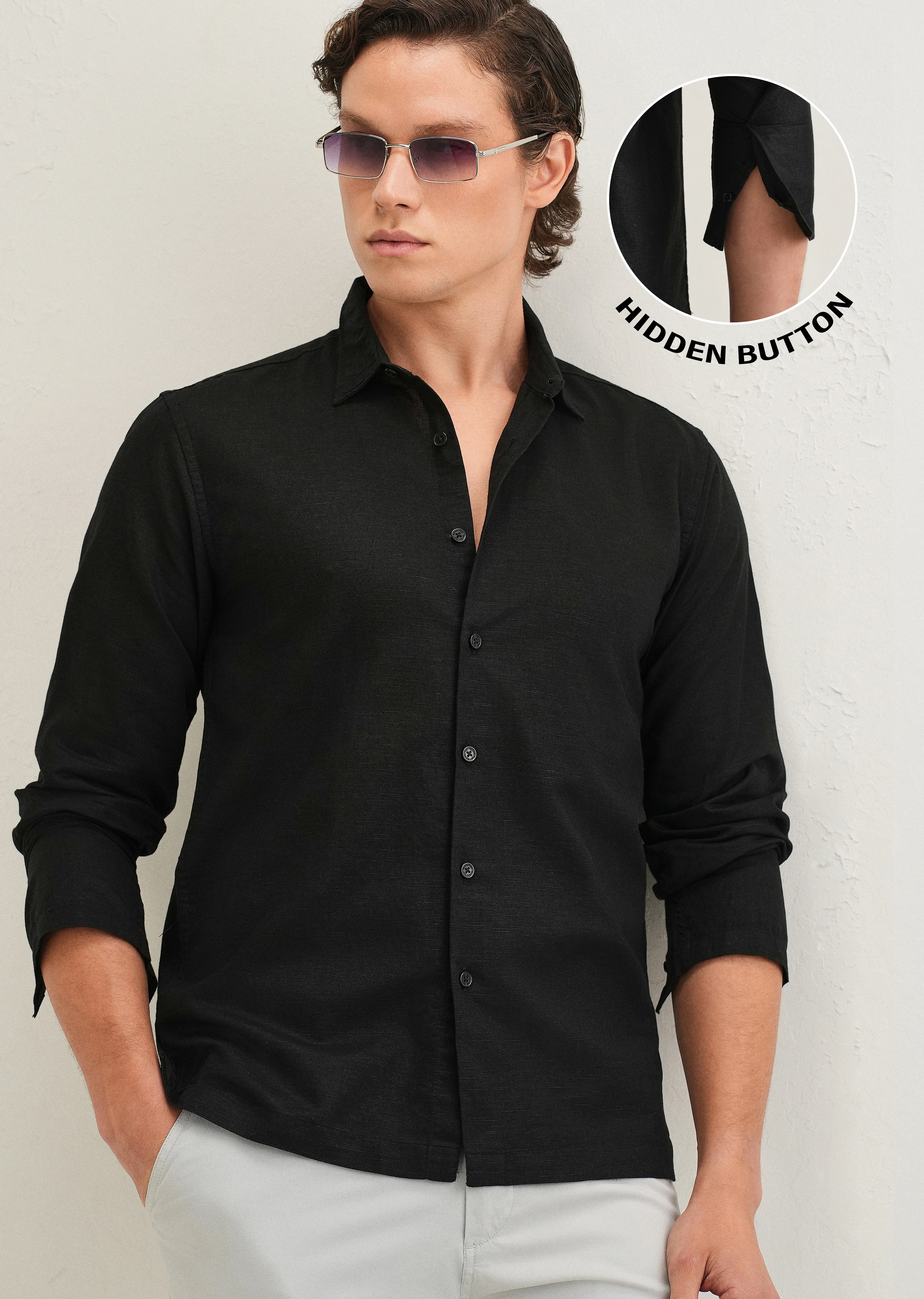 Black Hidden Sleeve Placket Cotton Linen Shirt - Image 9