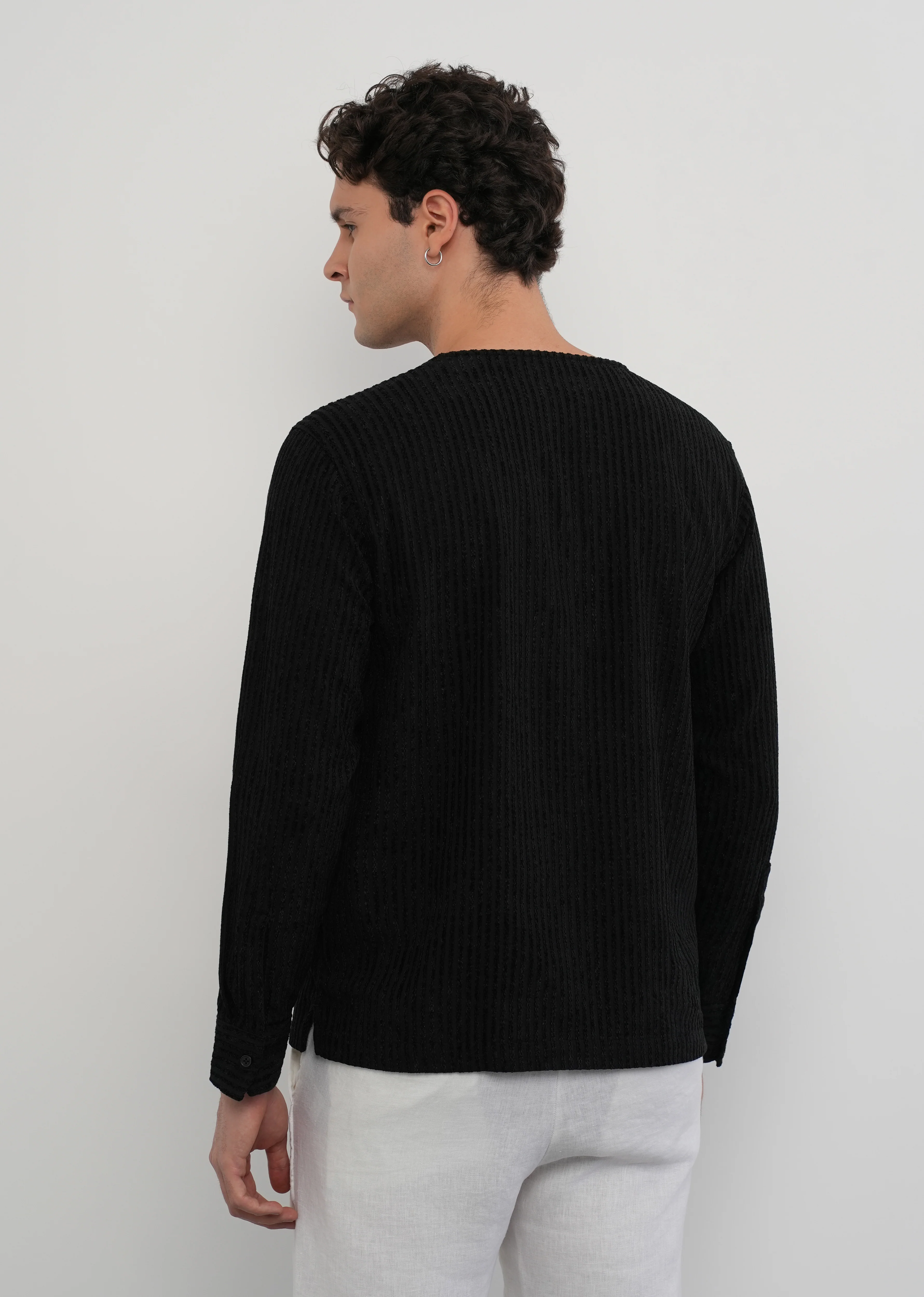 Black Jacquard Stripe Short Kurta - Image 3