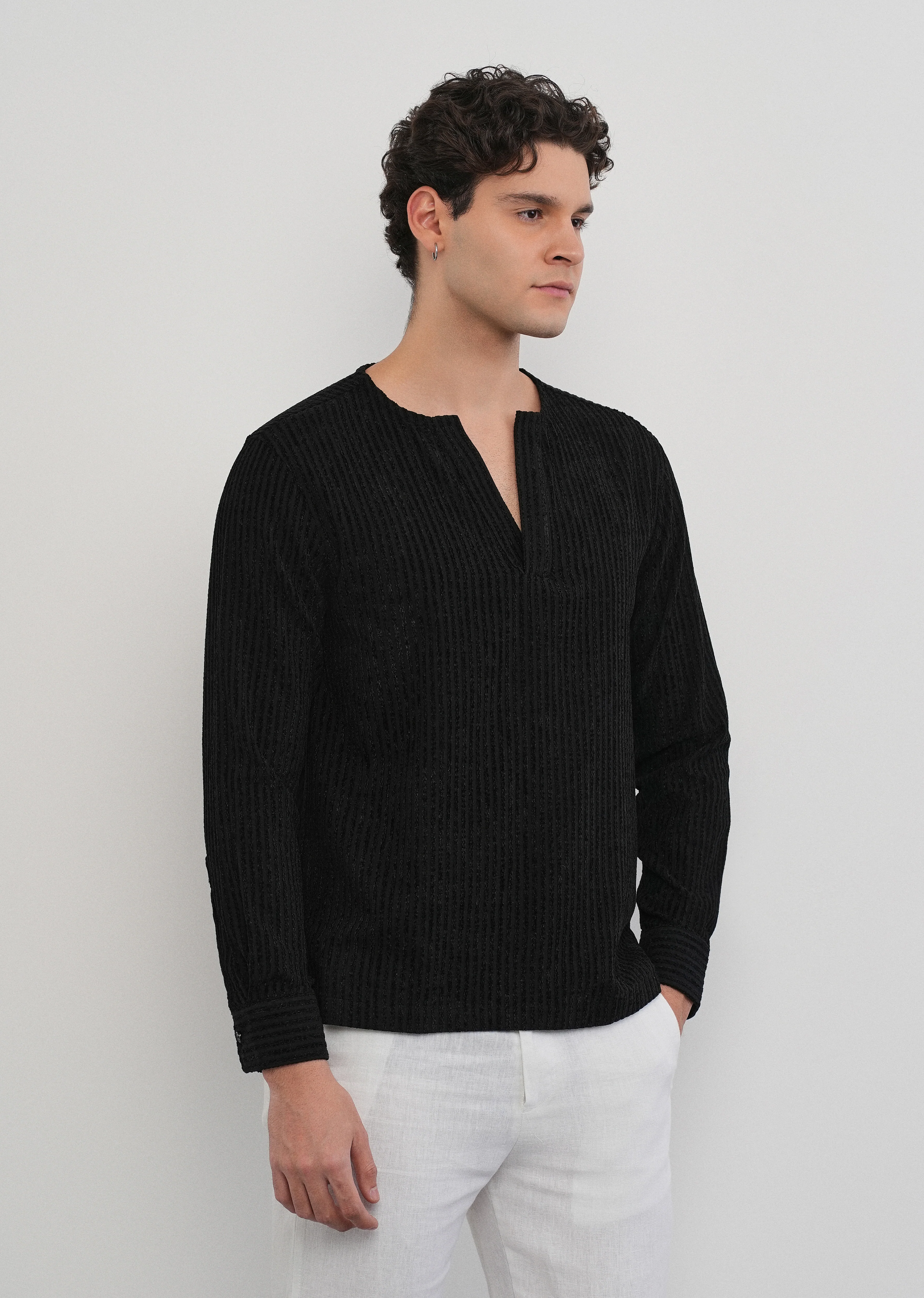 Black Jacquard Stripe Short Kurta - Image 4