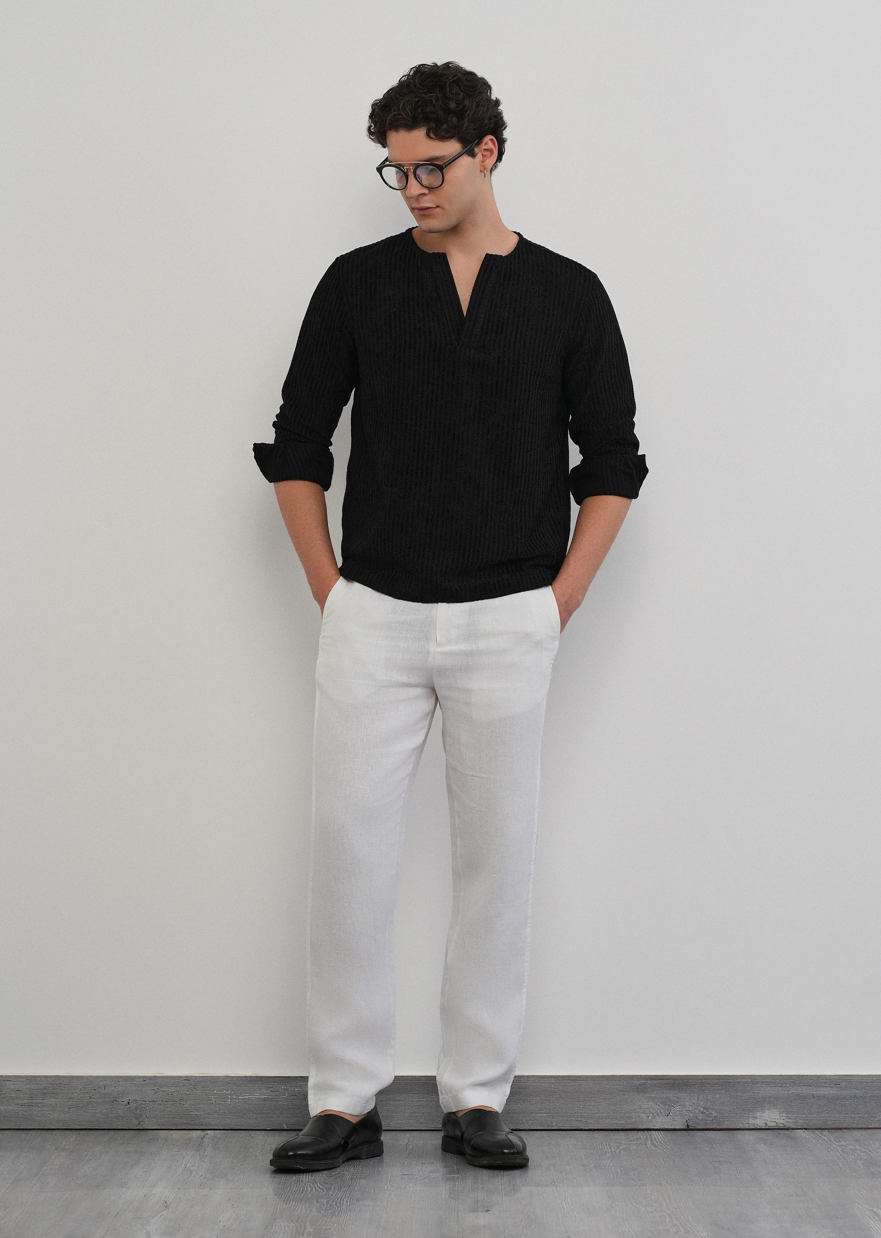 Black Jacquard Stripe Short Kurta - Image 6