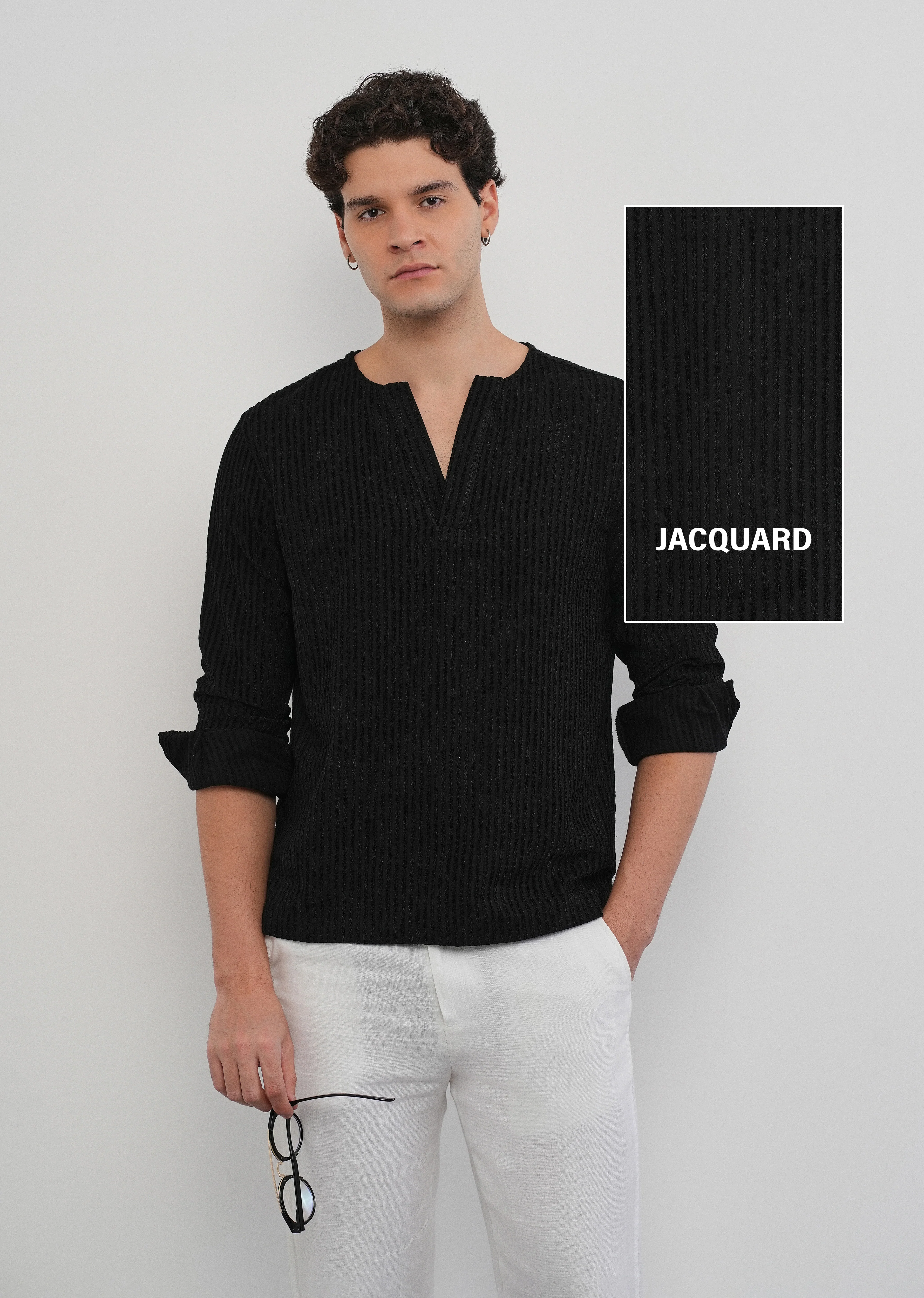Black Jacquard Stripe Short Kurta - Image 7