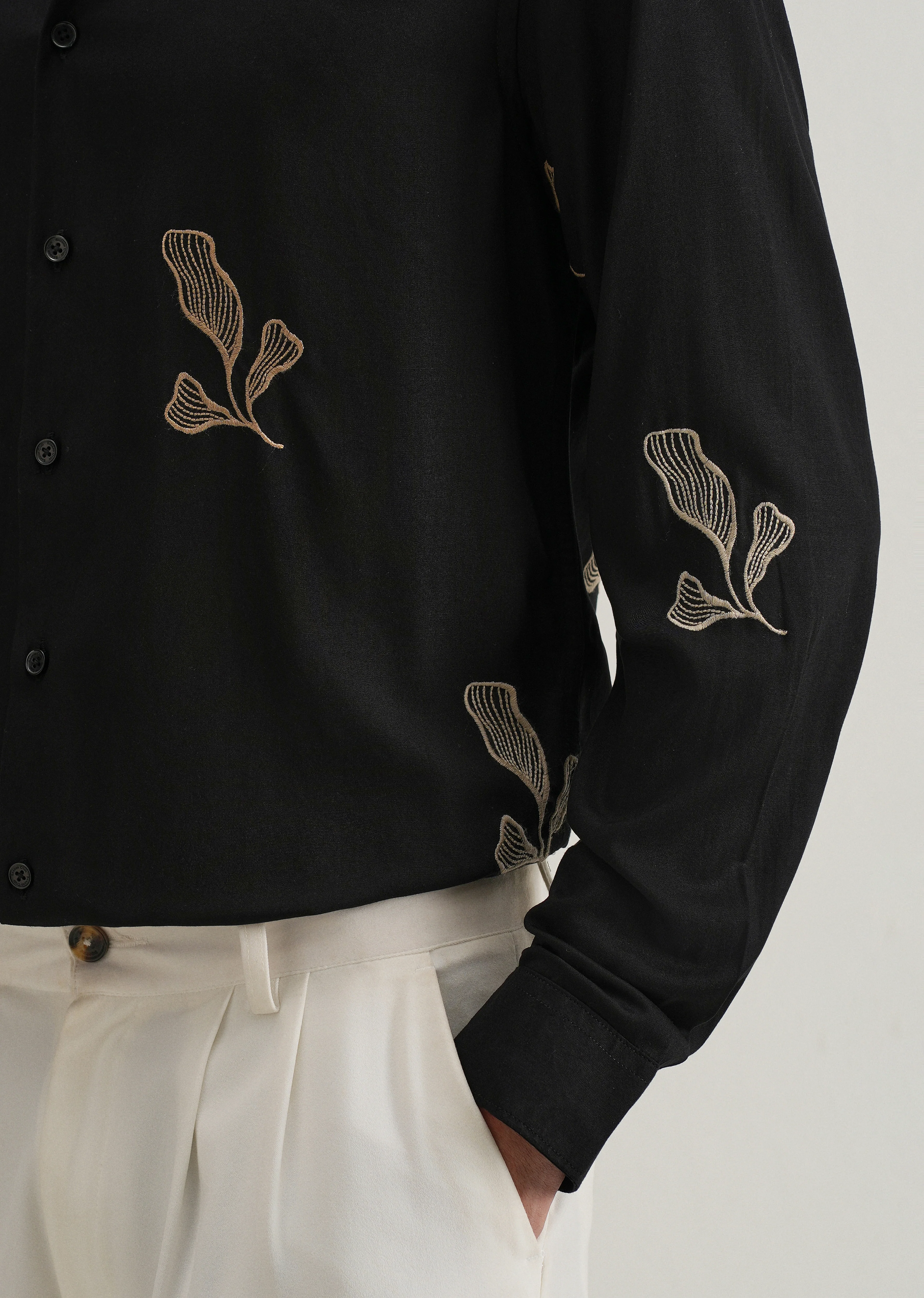 Black Leaf Motif Embroidery Shirt - Image 2