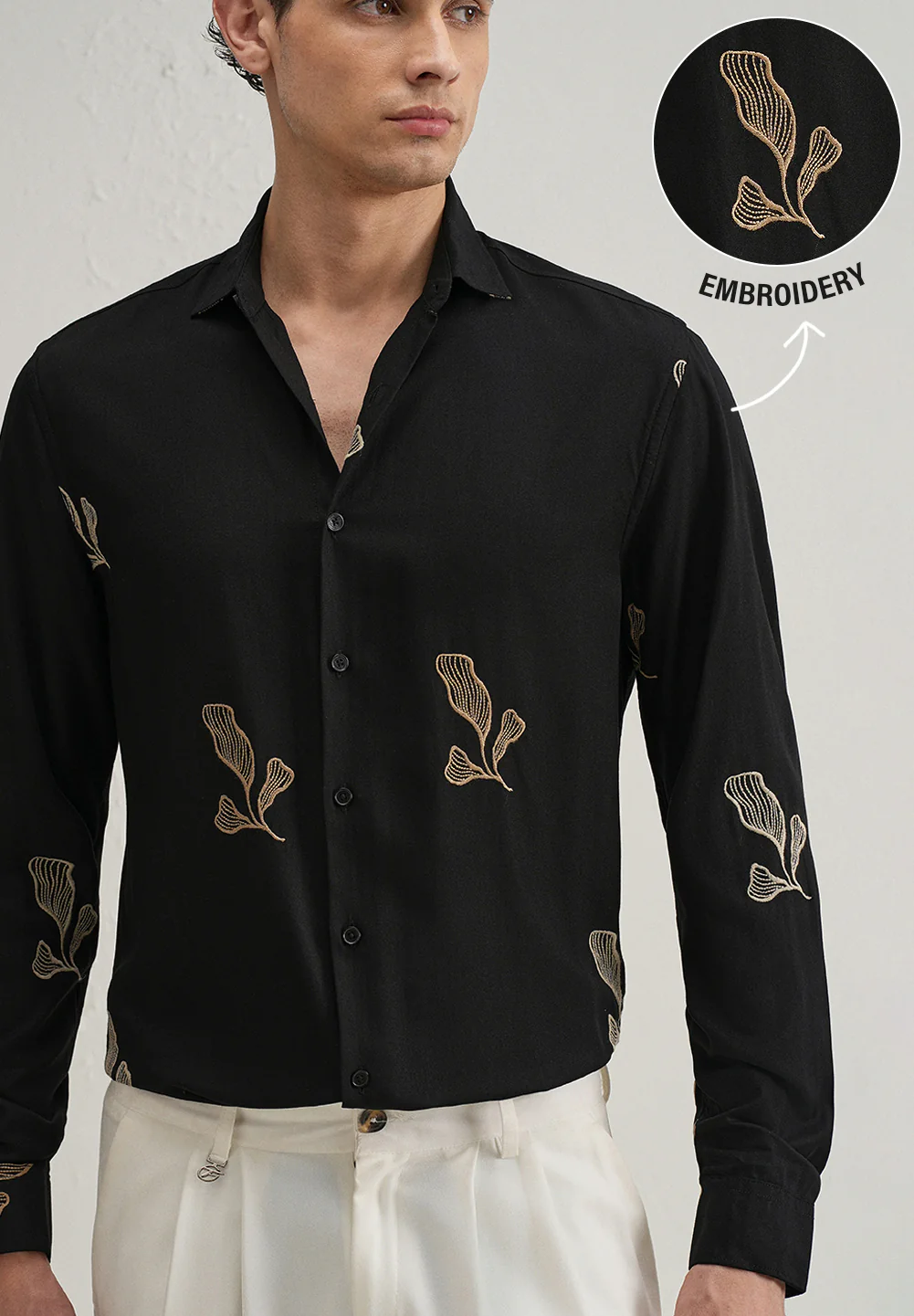 Black Leaf Motif Embroidery Shirt - Image 7