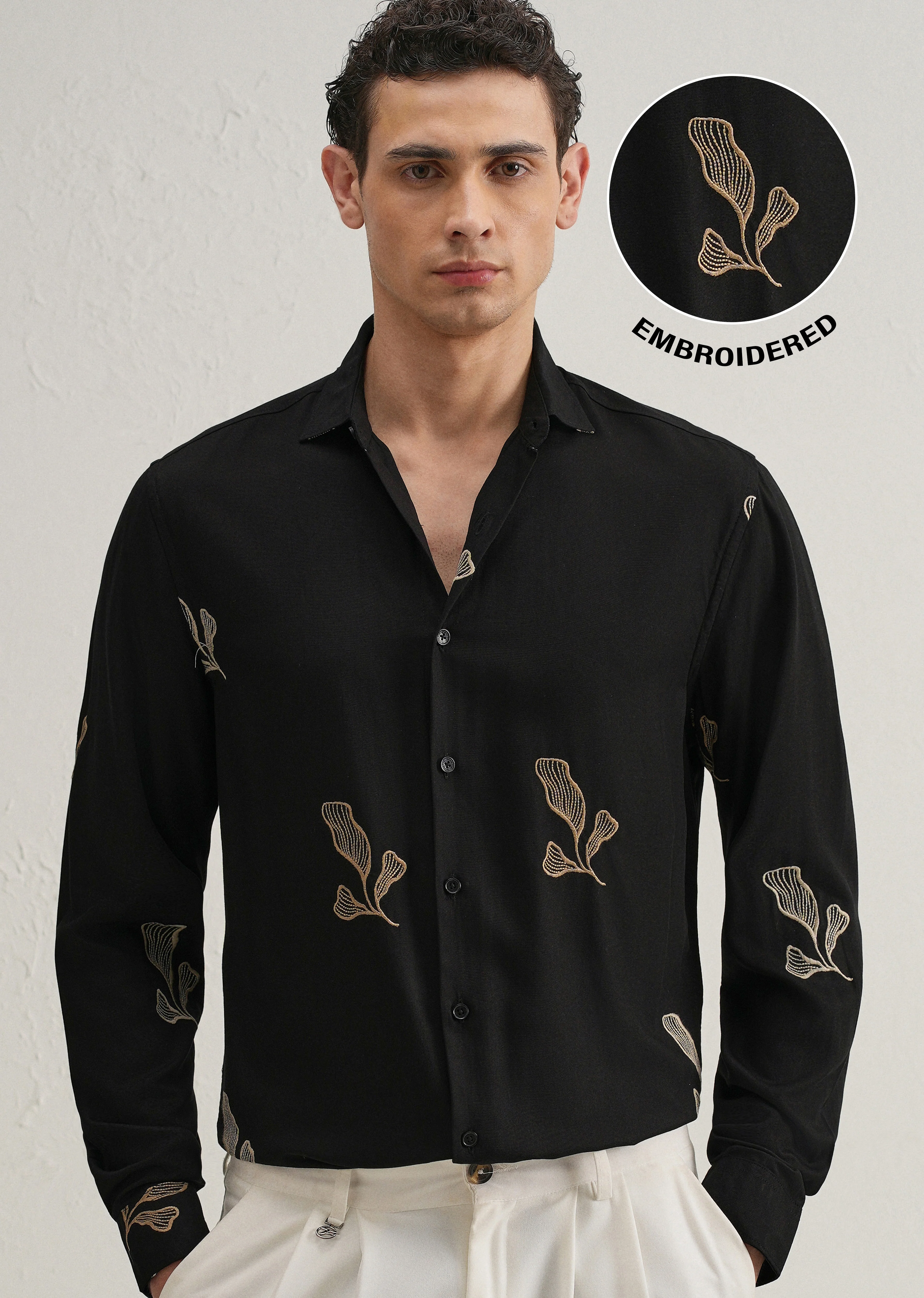 Black Leaf Motif Embroidery Shirt - Image 8
