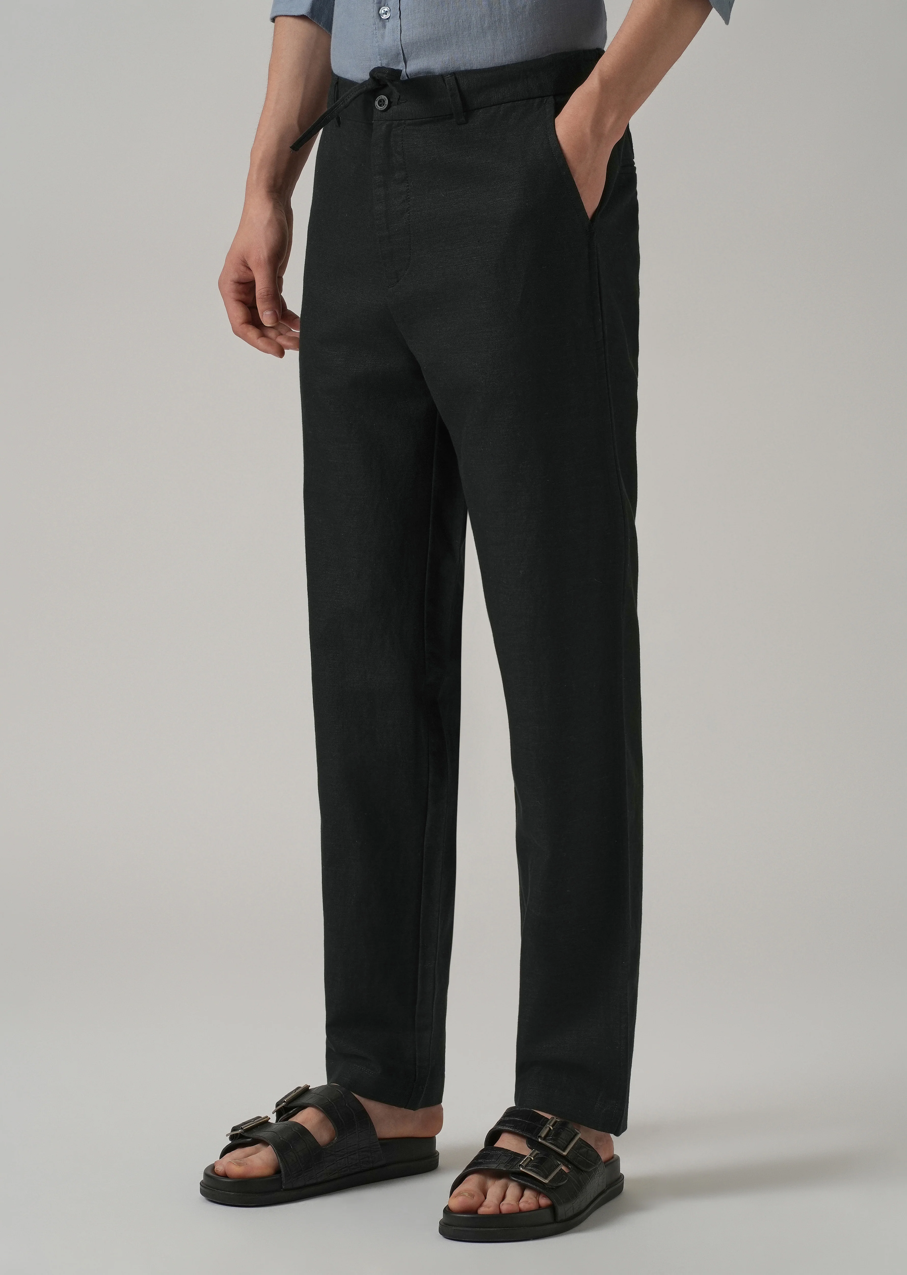 Black Linen Relaxed Fit Trouser - Image 4